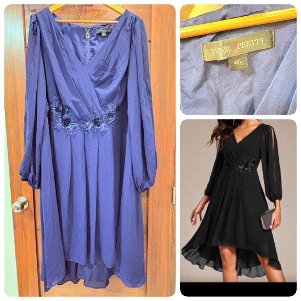 Ever Pretty Navy Blue Dress 4XL (Category: Dresses) located in San Pedro. Submitted by plusizzforless.ph (Listing ID 1420151684, Image 1). Description: - Ever Pretty navy blue dress PADDED - Size: 4XL - Features a flattering V-neck - Elegant long, flowy sleeves - Waist embellished with floral details - Stylish high-low hemline - Perfect for special occasions.