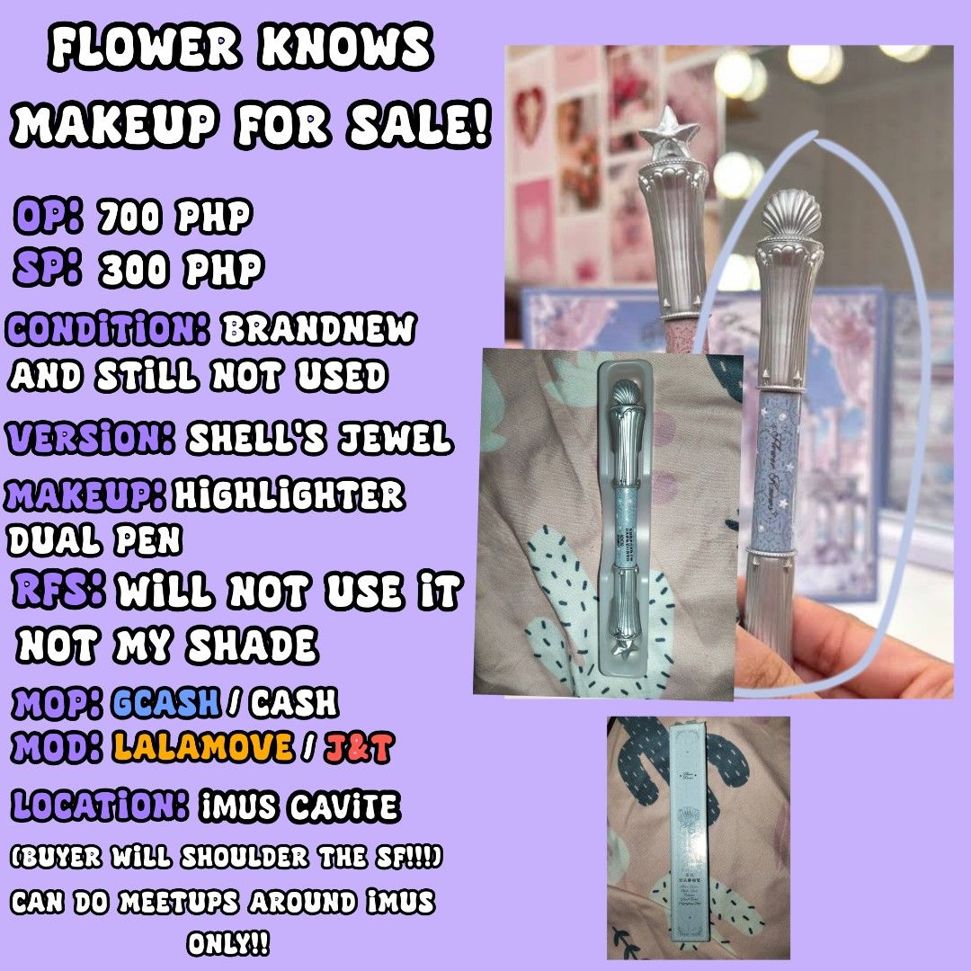 Flowerknows makeup (Category: Makeup) located in Imus. Submitted by sh1nmich1 (Listing ID 1417229292, Image 1). Description: Flower knows Shell's jewel collection makeup for sale! (Brandnew) Inclusions: Shell's jewel Highlighter stick dual Pen.