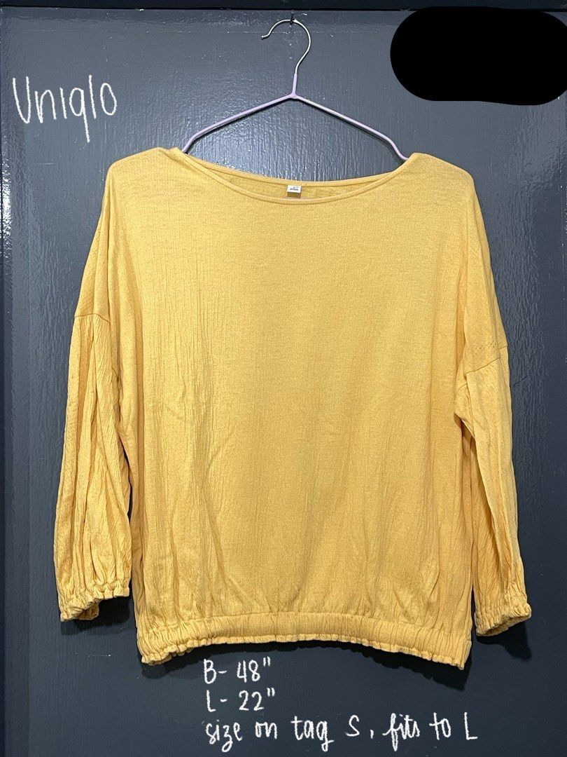 Uniqlo Mustard Top (Category: Blouses) located in General Trias. Submitted by teffispreloved (Listing ID 1415014560, Image 1). Description: - Uniqlo mustard top - Bishop sleeves - Elastic hem - Size: Fits S to L - Measurements: - Bust: 48" - Length: 22" - flaw: small holes.