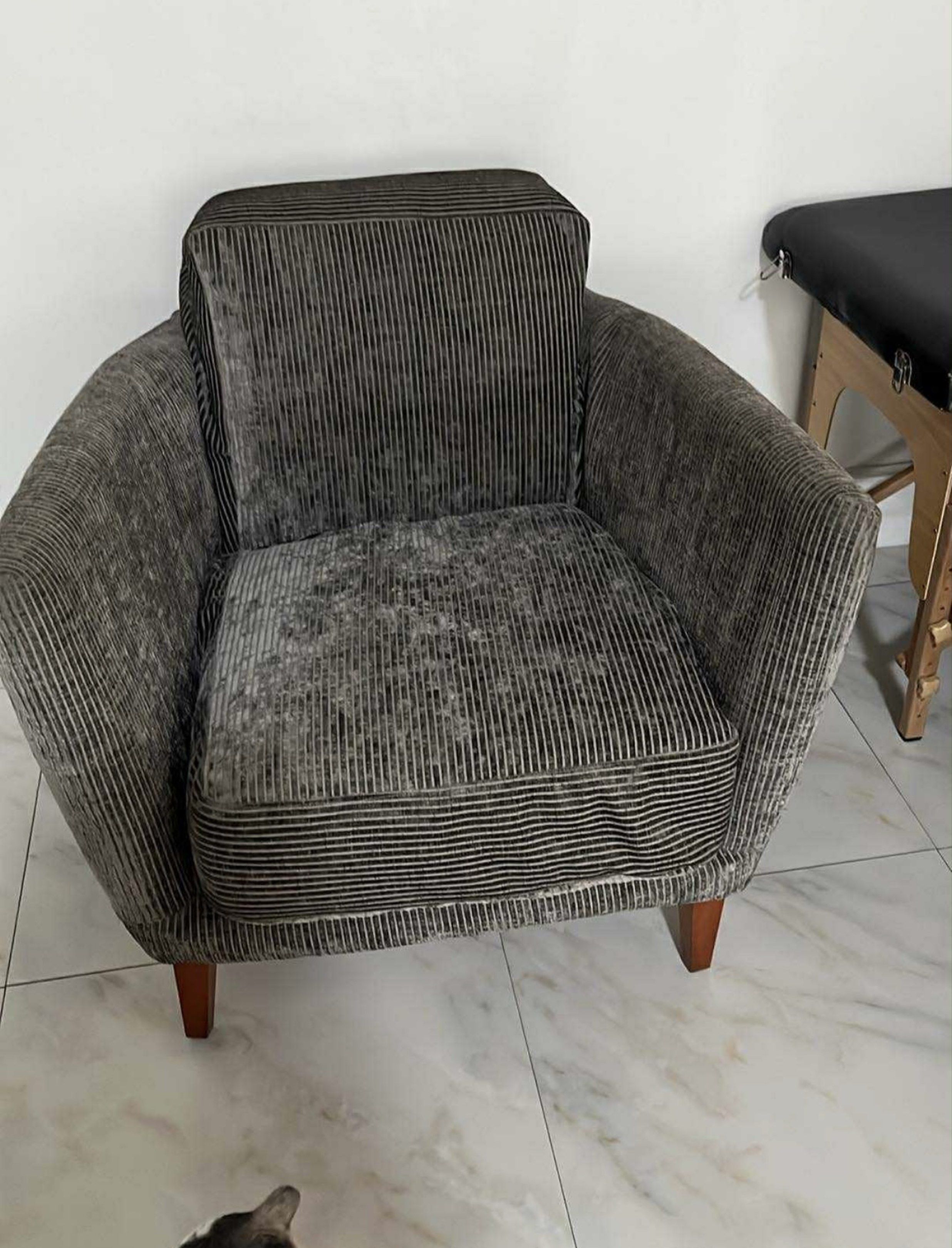 Gray Fabric Sofa and Armchair Set (Category: Sofas) located in Malolos. Submitted by alexissromina (Listing ID 1420013413, Image 2). Description: -PREMIUM SOFA SET FOR SALE (1 LONG 3 SEATER & 2 SIDE CHAIR) -BOUGHT AT 60k yours at 10k!! -ONLY 2.5 YEARS USED ONLY -RFS: lilipat bahay -pls dont bargain anymore, this is such a steal for a premium sofa set - Gray fabric sofa set - Includes a three-seater sofa and armchair - Features wooden legs - Comfo