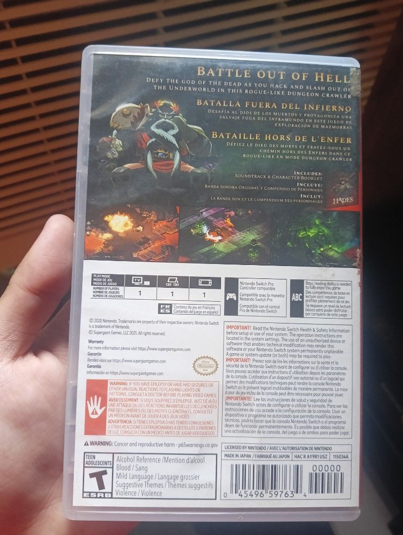 Hades - Nintendo Switch Game (Category: Nintendo) located in Magsingal. Submitted by mjviloria (Listing ID 1420011479, Image 2). Description: - Hades for Nintendo Switch - Rogue-like dungeon crawler - Includes game cartridge and case - Rated T for Teen - Published by Supergiant Games.