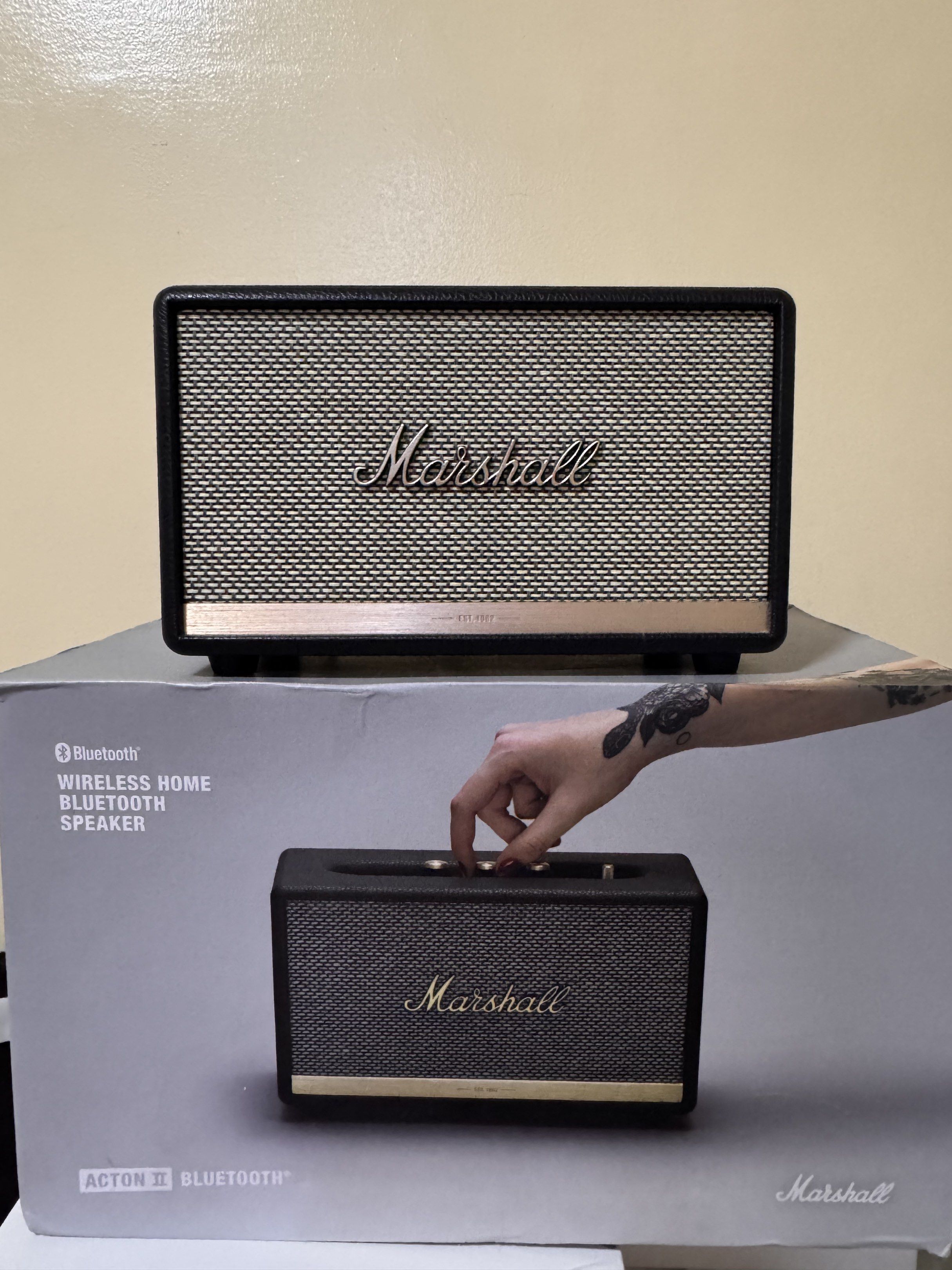 Marshall Acton II Bluetooth Speaker (Category: Soundbars, Speakers & Amplifiers) located in Manila. Submitted by ydnar.ph (Listing ID 1420087836, Image 1). Description: Marshall Acton II Bluetooth speaker delivers powerful sound in a compact design. It features Bluetooth connectivity for wireless music streaming. The speaker has volume, bass, and treble controls for sound customization. It also includes an AUX input for wired connections. The spe