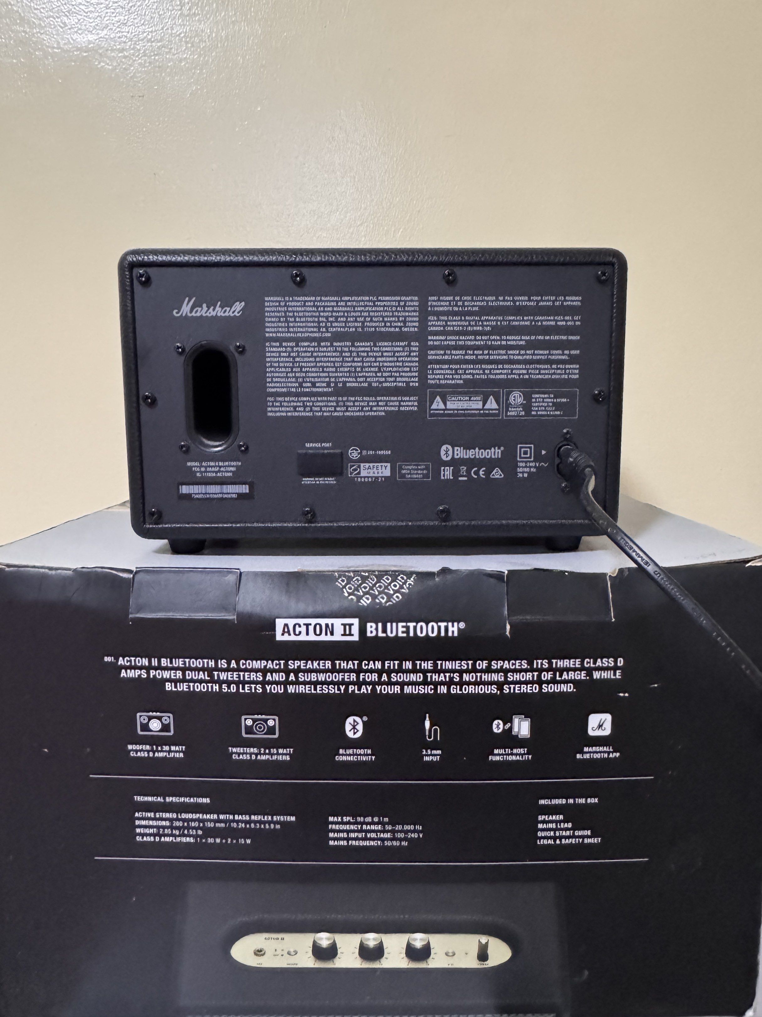Marshall Acton II Bluetooth Speaker (Category: Soundbars, Speakers & Amplifiers) located in Manila. Submitted by ydnar.ph (Listing ID 1420087836, Image 3). Description: Marshall Acton II Bluetooth speaker delivers powerful sound in a compact design. It features Bluetooth connectivity for wireless music streaming. The speaker has volume, bass, and treble controls for sound customization. It also includes an AUX input for wired connections. The spe