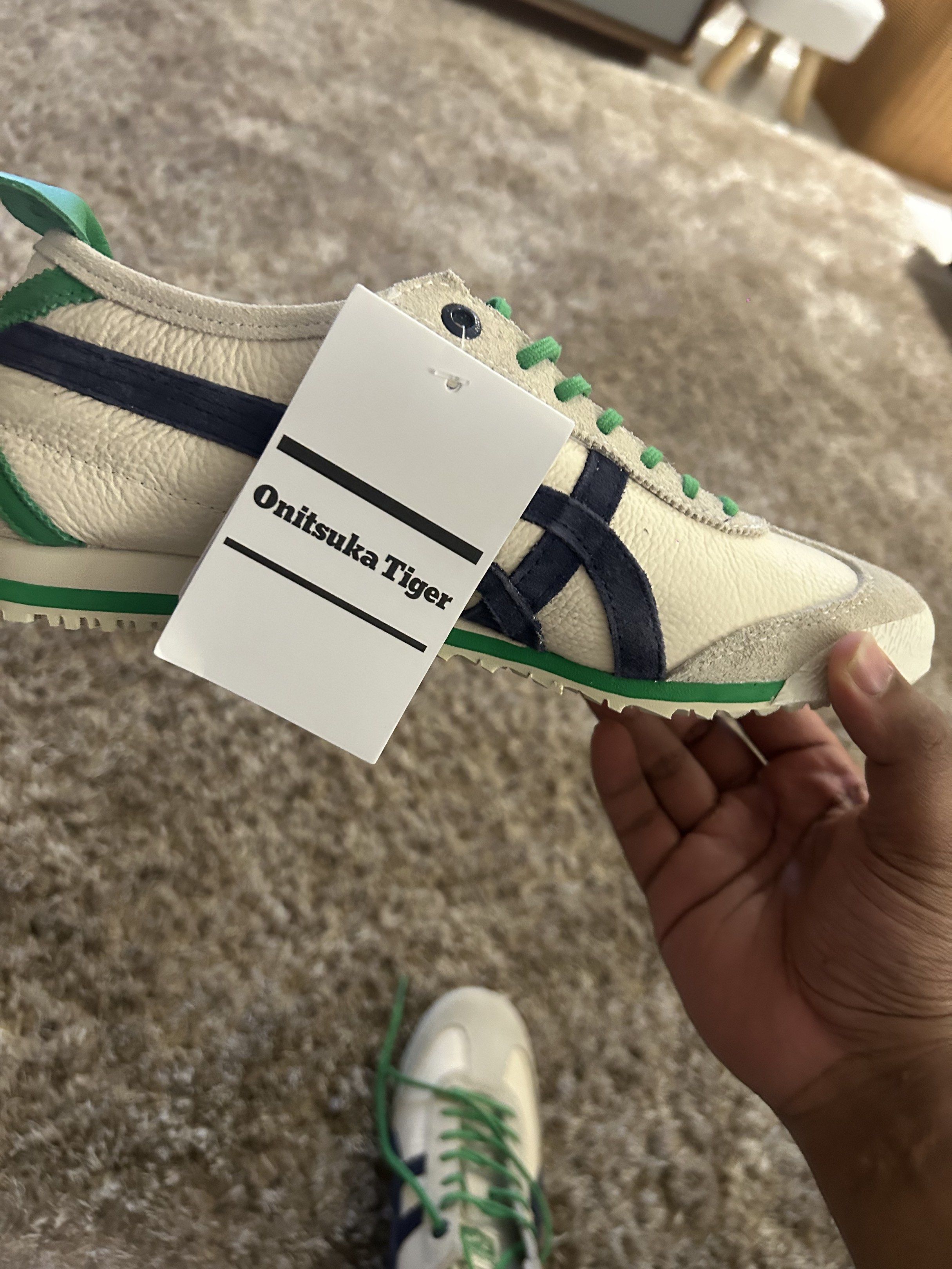 Onitsuka Tiger Mexico 66 Sneakers - Brand New (Category: Sneakers) located in Singapore. Submitted by danishds (Listing ID 1420089612, Image 1). Description: - Brand new Onitsuka Tiger Mexico 66 sneakers - Cream leather upper - Navy blue stripes and green accents - Comes with original tags - Never worn Bought from Japan for friend but couldnt fit. No Box No receipts Size US 6 / UK 5 / 24.5cm.