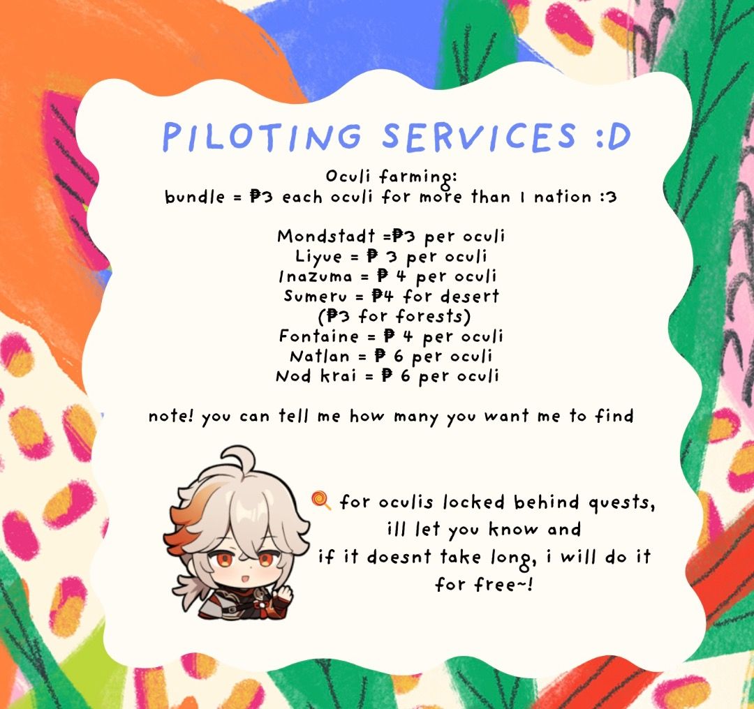 (OPEN FOR ANY REQS) Genshin Impact Piloting Services (Category: Others) located in Makati City. Submitted by luka_yeon17 (Listing ID 1412639860, Image 3). Description: Genshin Impact Piloting Services available! [UPDATED] - Artifact farming & Character raising - Archon quests & world quests - Daily/weekly maintenance + Exploration (percentage & chest hunting) - All slots are open! Dm your requests :D Please don’t hesitate to DM for more info<3 Ad