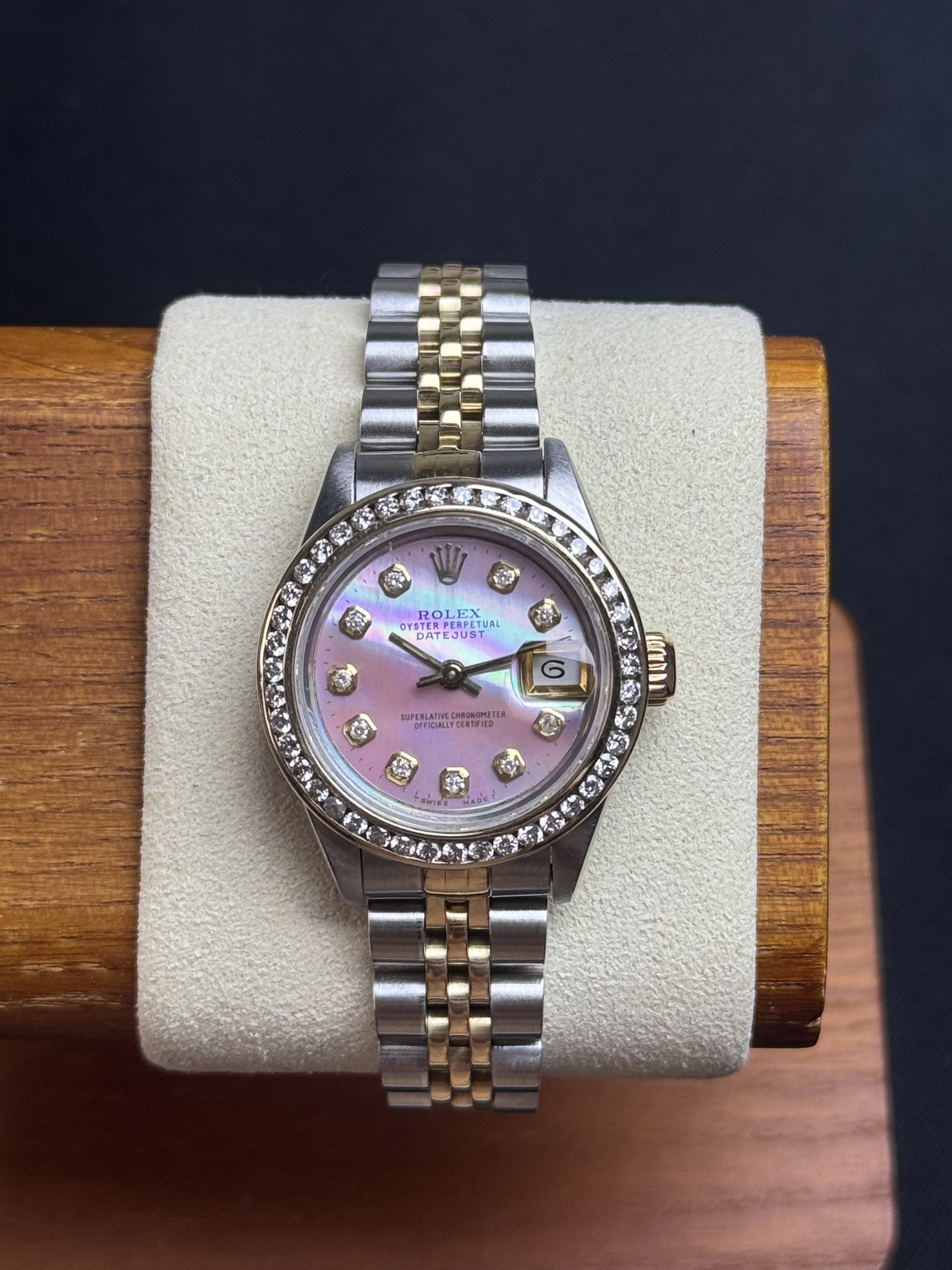 Rolex Datejust (Category: Luxury Watches) located in Quezon City. Submitted by LuxPieces (Listing ID 1420098191, Image 2). Description: Rolex Datejust Size 26mm MOP Dial (HK Customized) Customized Bezel No lug holes Year 1998 Ref. 69173 Watch only 250k only.