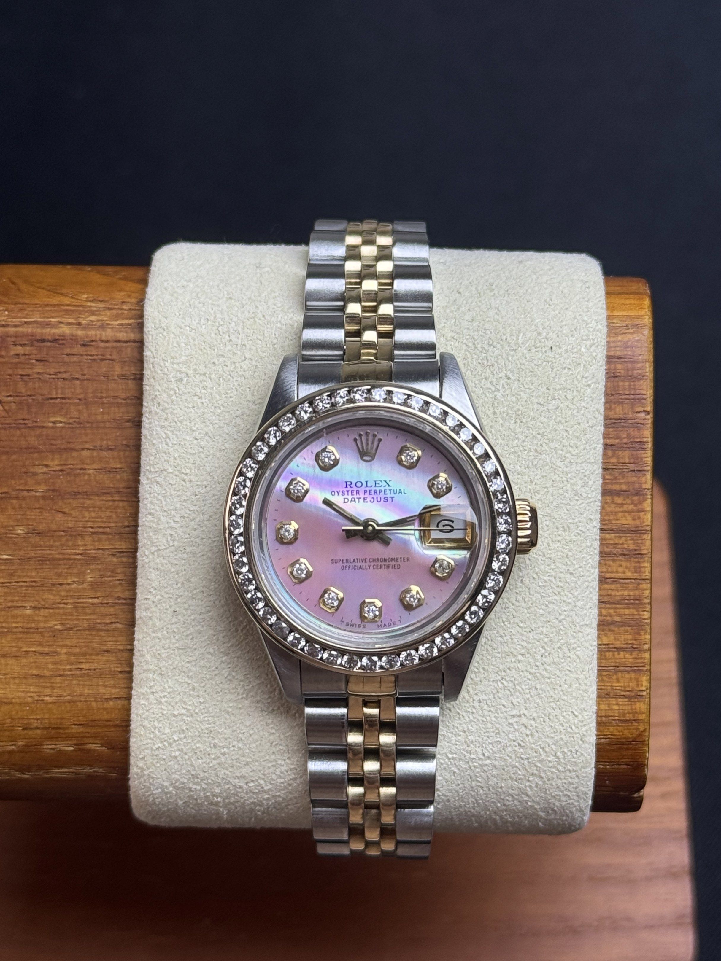 Rolex Datejust (Category: Luxury Watches) located in Quezon City. Submitted by LuxPieces (Listing ID 1420098191, Image 1). Description: Rolex Datejust Size 26mm MOP Dial (HK Customized) Customized Bezel No lug holes Year 1998 Ref. 69173 Watch only 250k only.