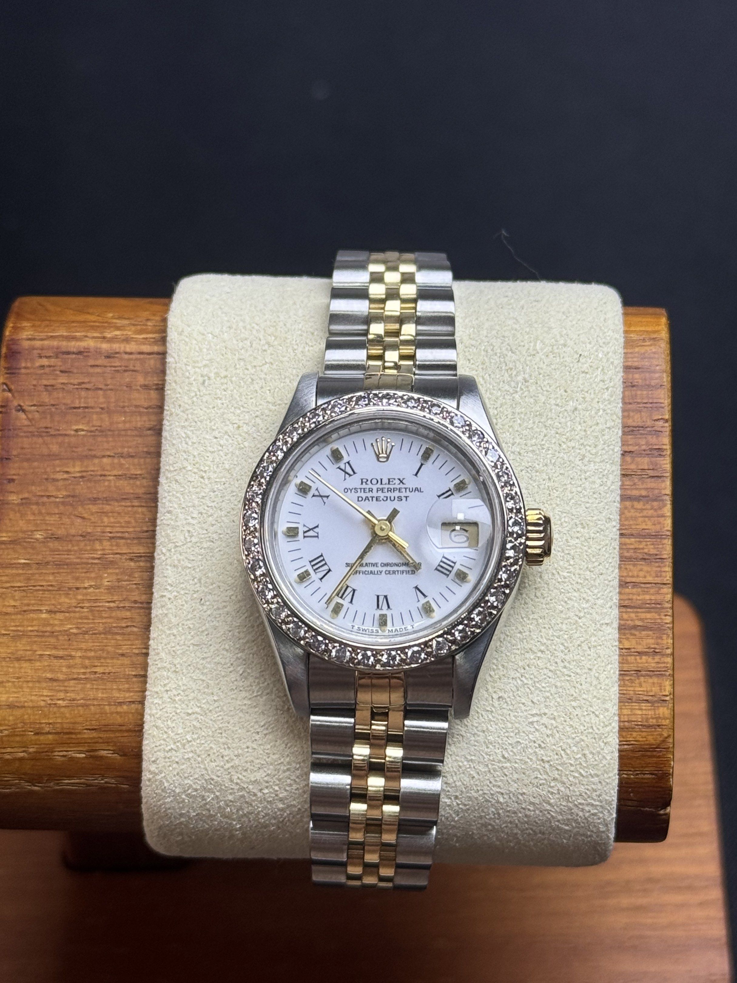 Rolex Datejust (Category: Luxury Watches) located in Quezon City. Submitted by LuxPieces (Listing ID 1420098867, Image 1). Description: Rolex Datejust Size 26mm Customized Diamond Bezel Factory Roman White Gold Dial Year 1989 Ref. 69173 Watch only Freshly serviced and polished 235k only.