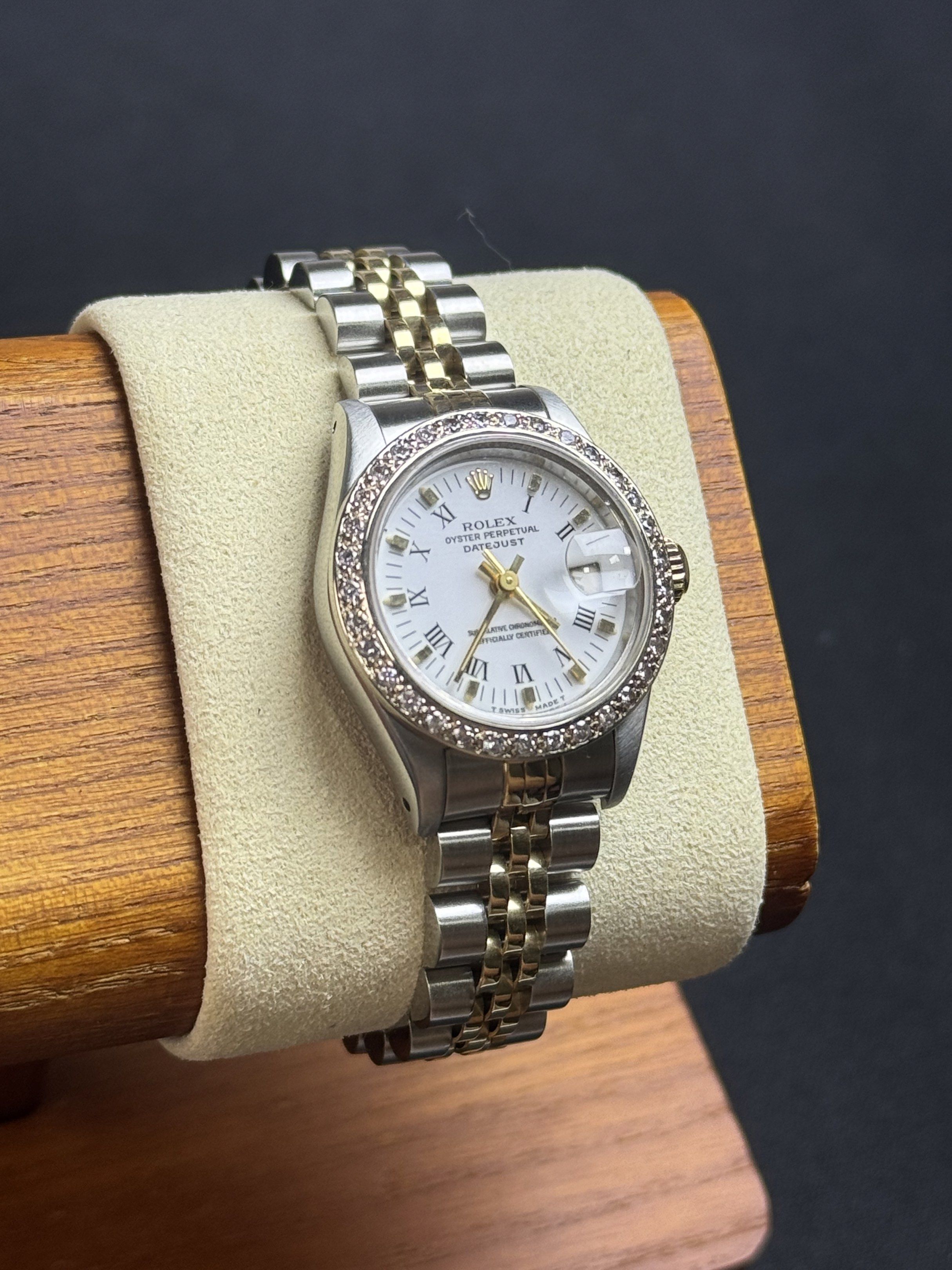 Rolex Datejust (Category: Luxury Watches) located in Quezon City. Submitted by LuxPieces (Listing ID 1420098867, Image 3). Description: Rolex Datejust Size 26mm Customized Diamond Bezel Factory Roman White Gold Dial Year 1989 Ref. 69173 Watch only Freshly serviced and polished 235k only.