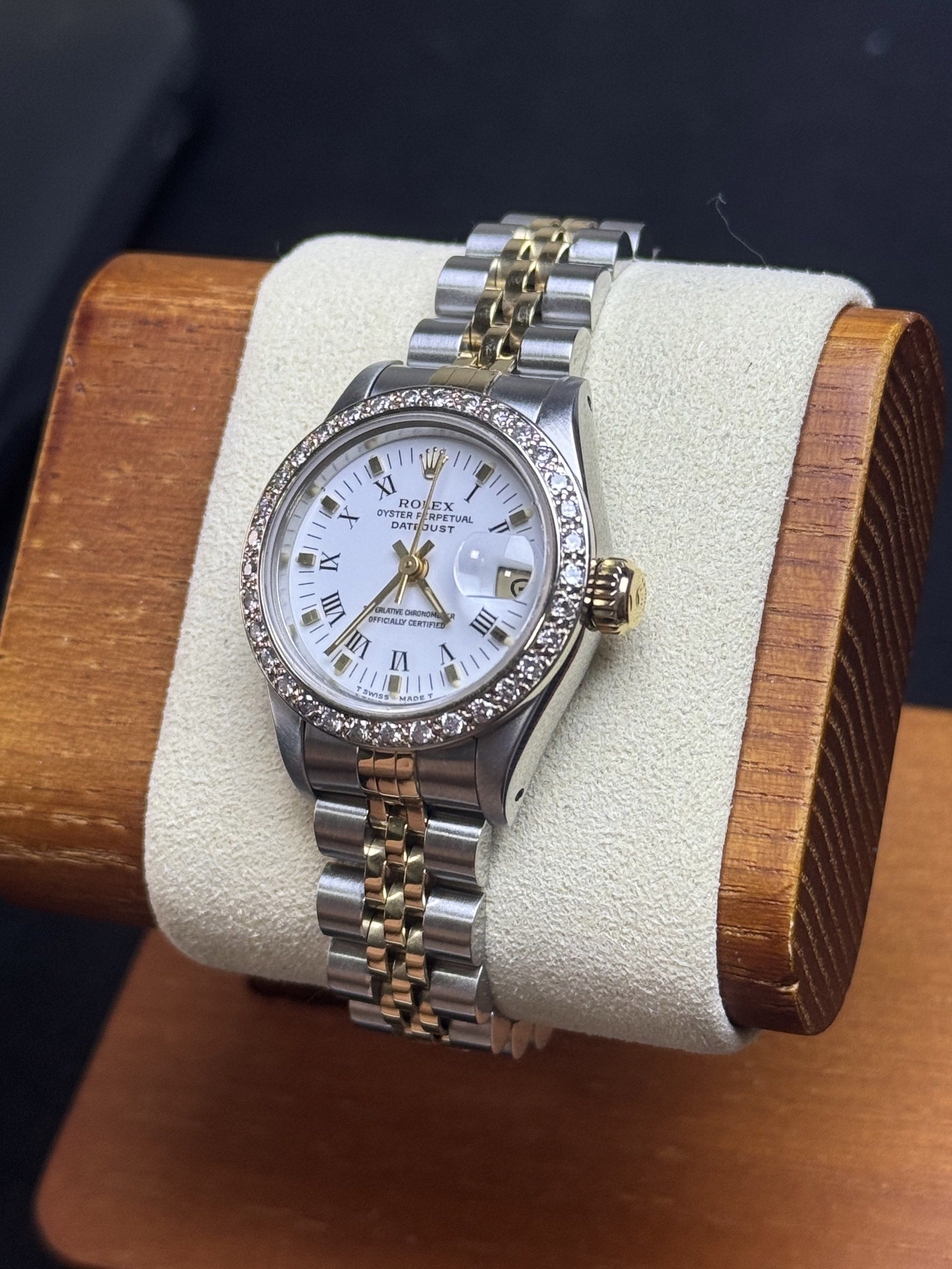 Rolex Datejust (Category: Luxury Watches) located in Quezon City. Submitted by LuxPieces (Listing ID 1420098867, Image 2). Description: Rolex Datejust Size 26mm Customized Diamond Bezel Factory Roman White Gold Dial Year 1989 Ref. 69173 Watch only Freshly serviced and polished 235k only.