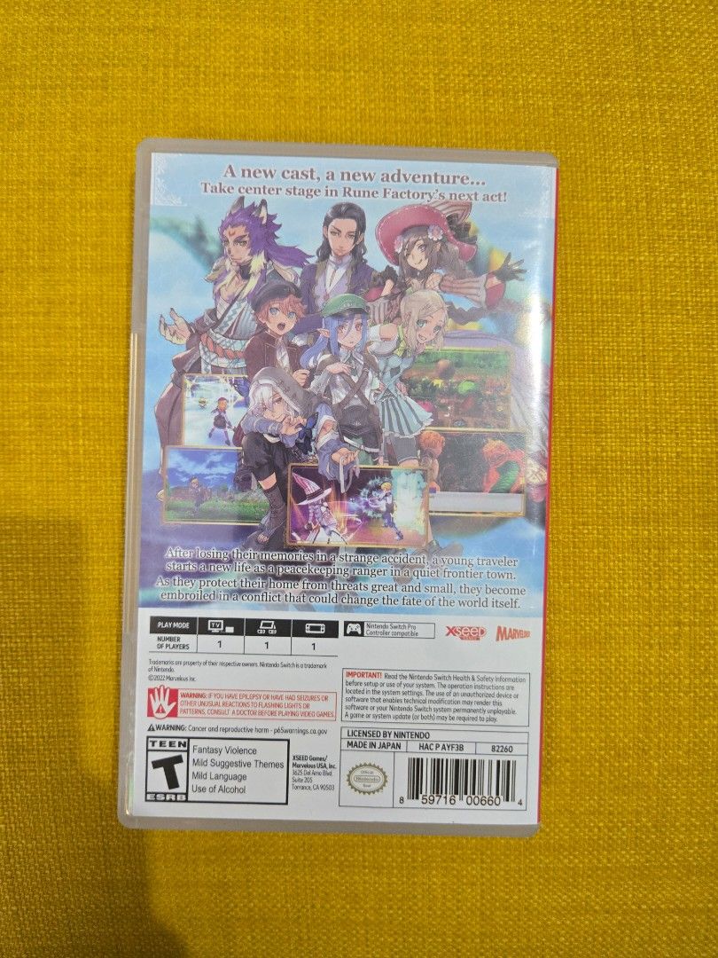 Rune Factory 5 - Nintendo Switch (Category: Nintendo) located in Silang. Submitted by keenchana (Listing ID 1420113037, Image 2). Description: - Rune Factory 5 for Nintendo Switch - Includes game cartridge - Includes Official Seed Ranger Handbook - Features a new cast and adventure - Rated T for Teen - Published by Marvelous.