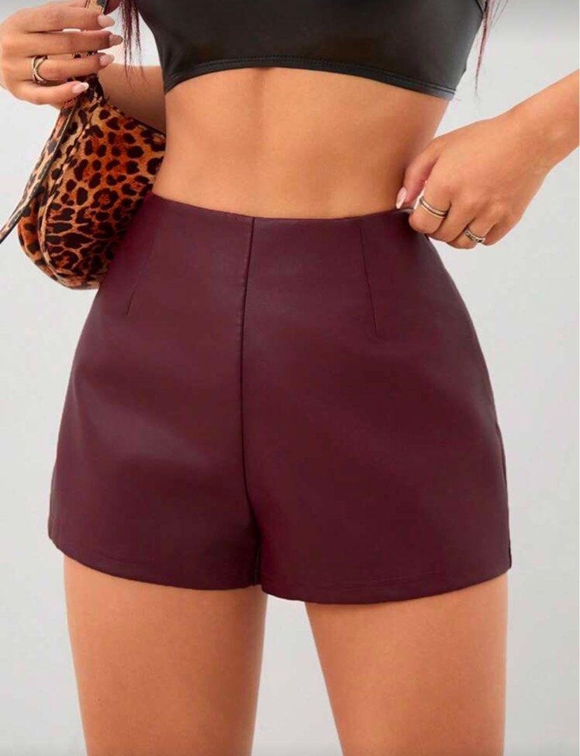 Shein Burgundy Leather Shorts (Category: Shorts) located in Manila. Submitted by annesson (Listing ID 1420013685, Image 1). Description: - Brandnew; wrong size - Petite L on size tag - Burgundy leather shorts - High-waisted design - Smooth, sleek finish.