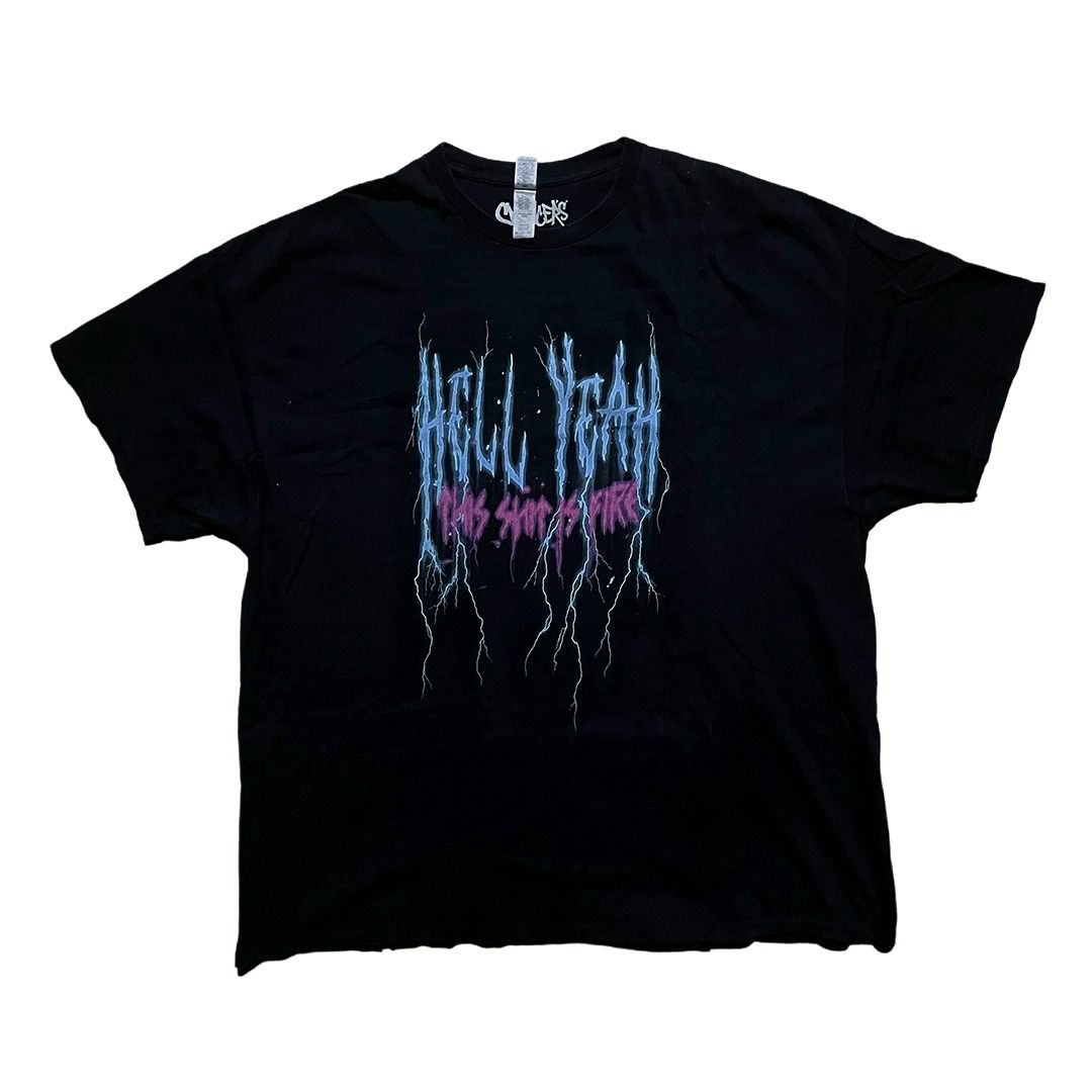 Spencer's Gildan Black T-shirt (Category: Tshirts & Polo Shirts ) located in Batangas. Submitted by ukayro (Listing ID 1420124637, Image 1). Description: Fire Shirt - H3LL YEAH THIS SH*T IS FIRE 2XL Spencer's Gildan Width: 24.5 Length: 30 Issue: Hairline cracks, big holes & tear.