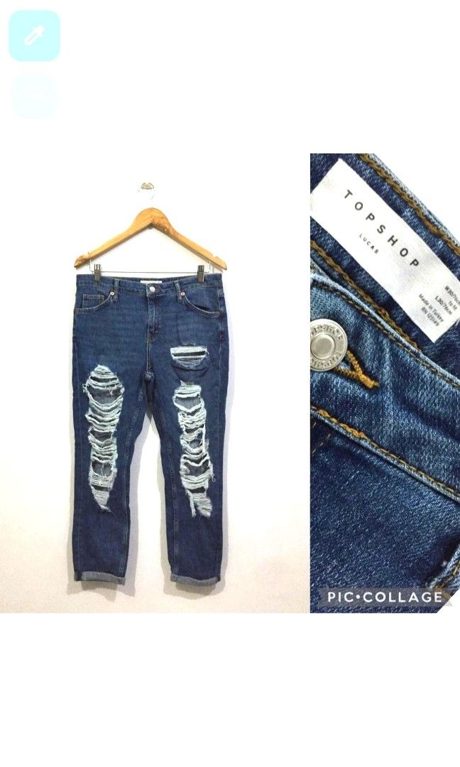 TOPSHOP (Category: Jeans) located in Leyte. Submitted by boxfabb8 (Listing ID 1420024284, Image 1). Description: - Brand: TOPSHOP - Model: LUCAS - Style: High-waisted tattered jeans - Fits sizes 30-31 - Features: Distressed design - Condition: Good.