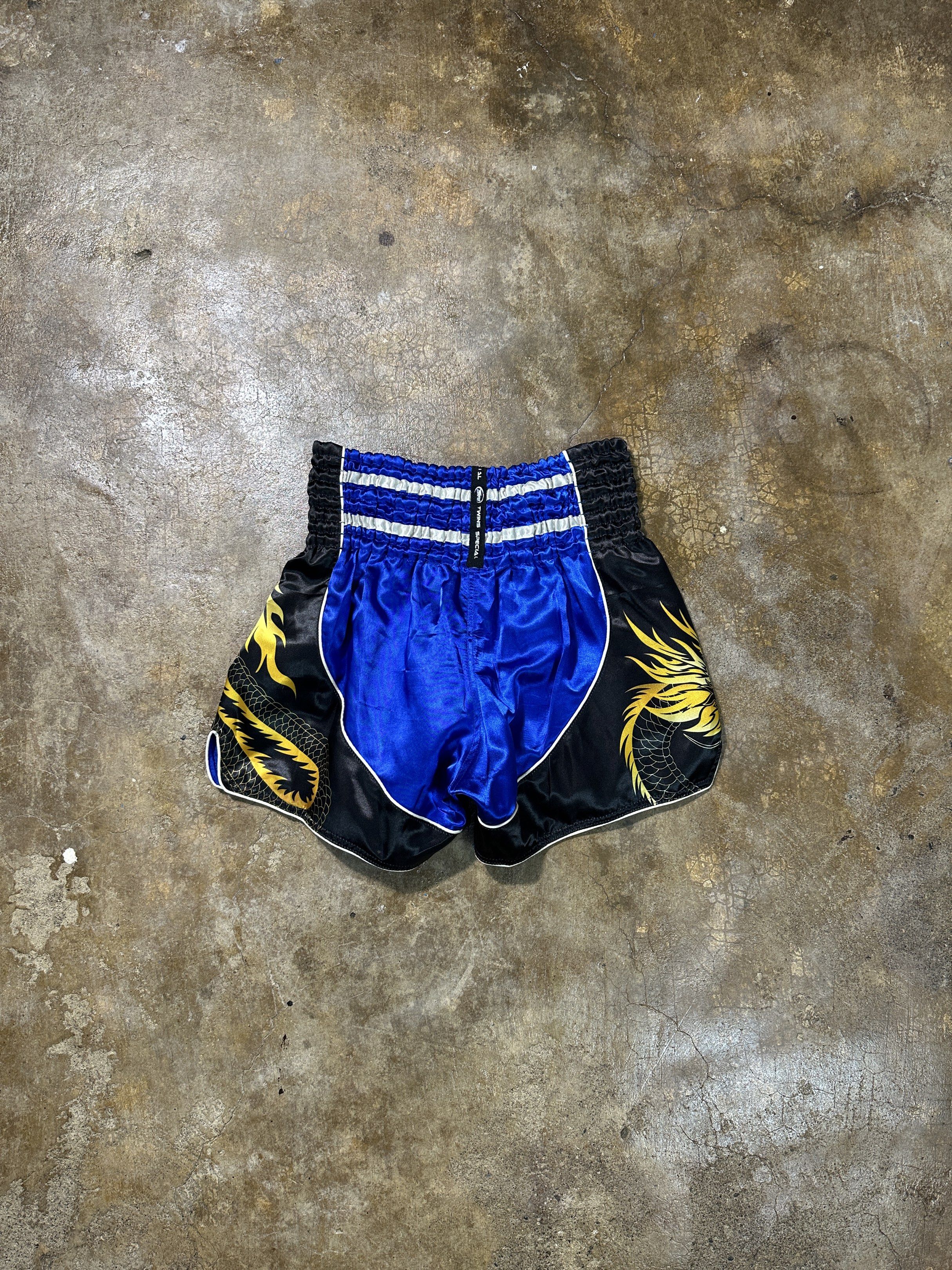 Twins Special Muay Thai Shorts - Blue (Category: Activewear) located in Bacolod City. Submitted by thestitchph (Listing ID 1420000342, Image 3). Description: - Authentic Twins Special Muay Thai shorts - Vibrant blue and black design - Features dragon graphics - "Never Give Up" slogan - Twins Special logo on waistband - Size L.