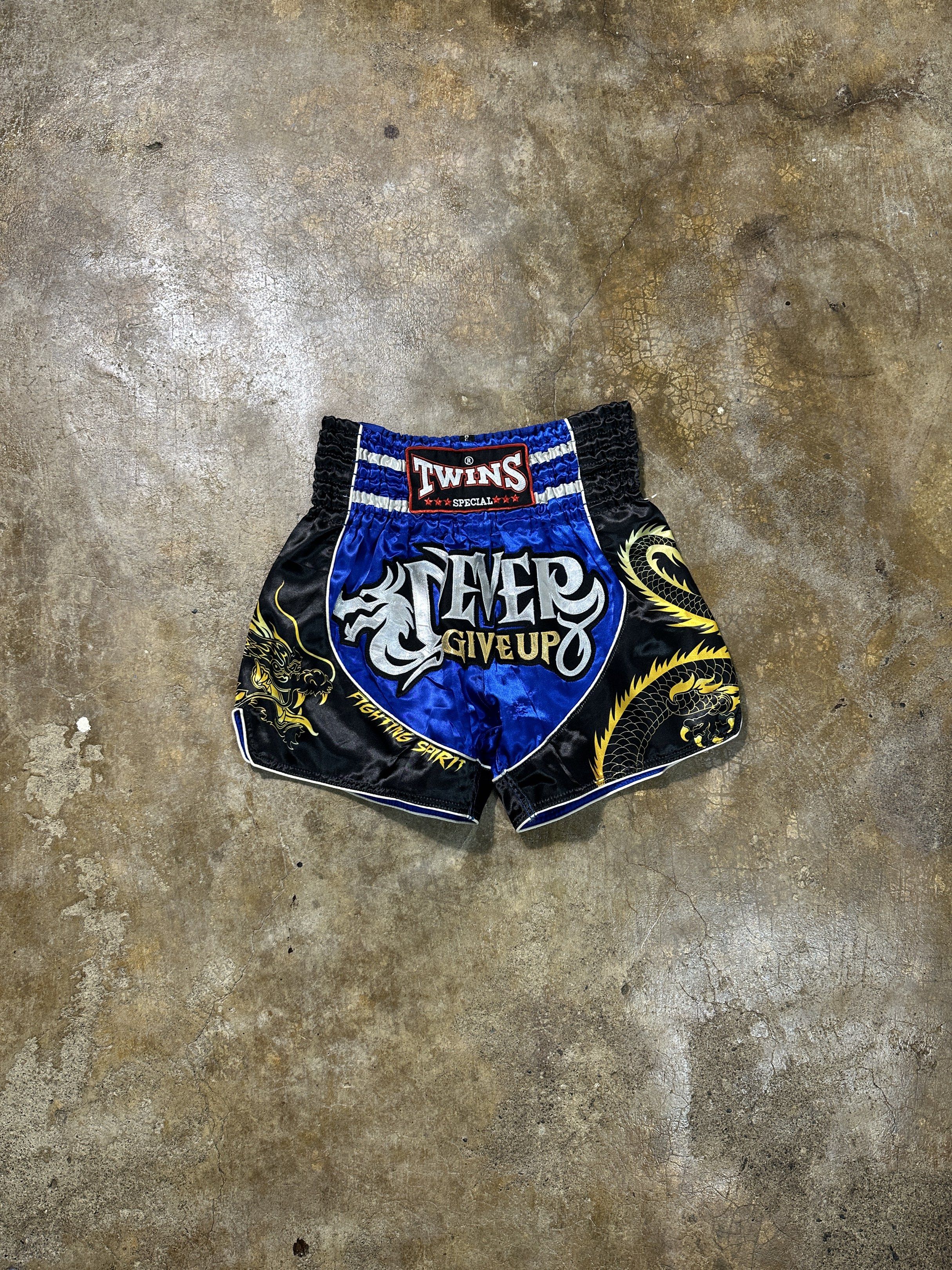 Twins Special Muay Thai Shorts - Blue (Category: Activewear) located in Bacolod City. Submitted by thestitchph (Listing ID 1420000342, Image 1). Description: - Authentic Twins Special Muay Thai shorts - Vibrant blue and black design - Features dragon graphics - "Never Give Up" slogan - Twins Special logo on waistband - Size L.