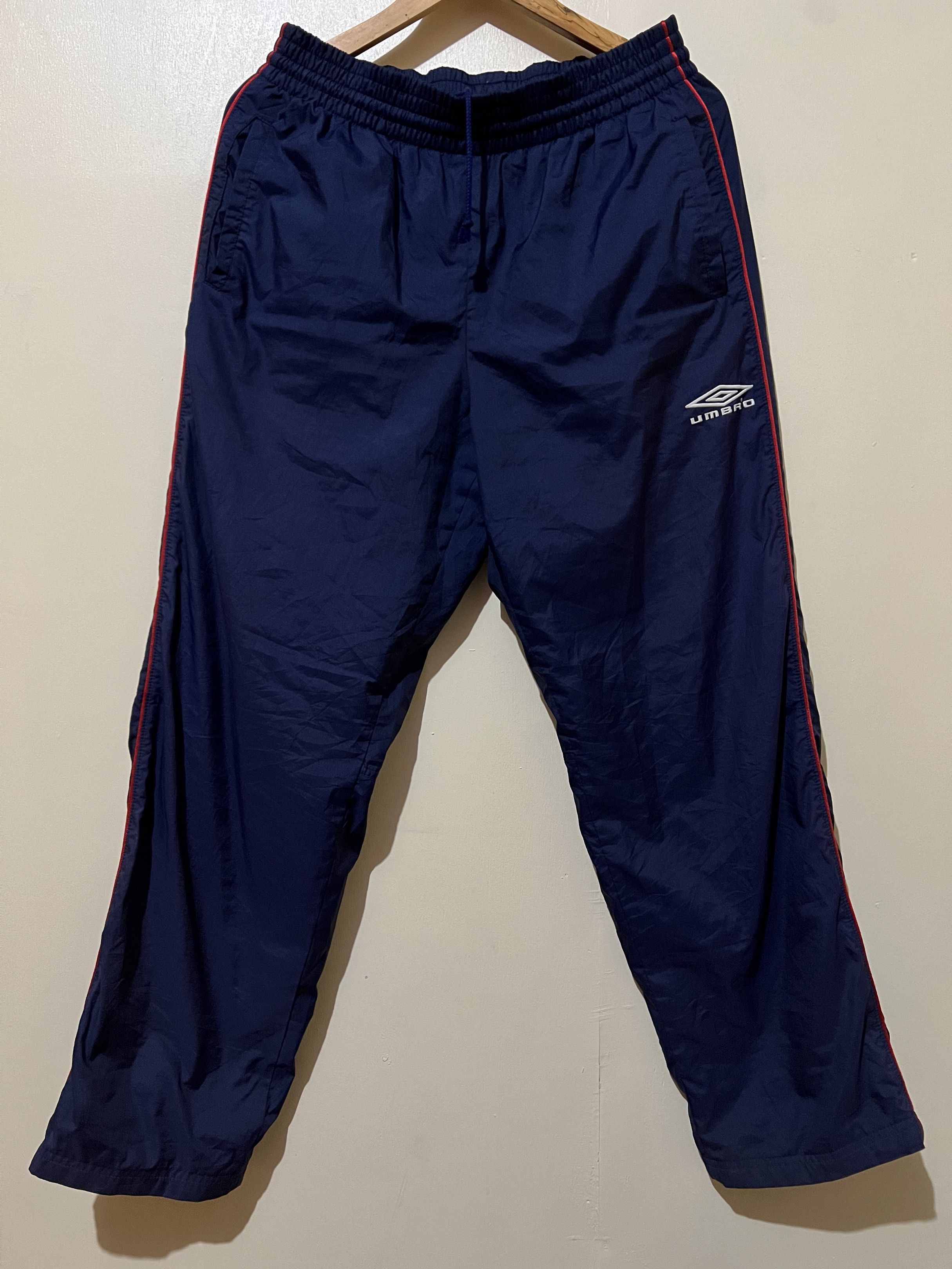 Umbro Navy Track Pants (Category: Joggers) located in Baguio. Submitted by jsanteli1738 (Listing ID 1420147356, Image 2). Description: - Vintage Navy blue Umbro track pants - Embroid Logo Design - Elastic waistband with drawstring - Zippered ankles - Umbro logo on left leg - Baggy pants needs wash only Width 30 up free size with drawstrings, Length 43, Thigh 12, Hem:9.