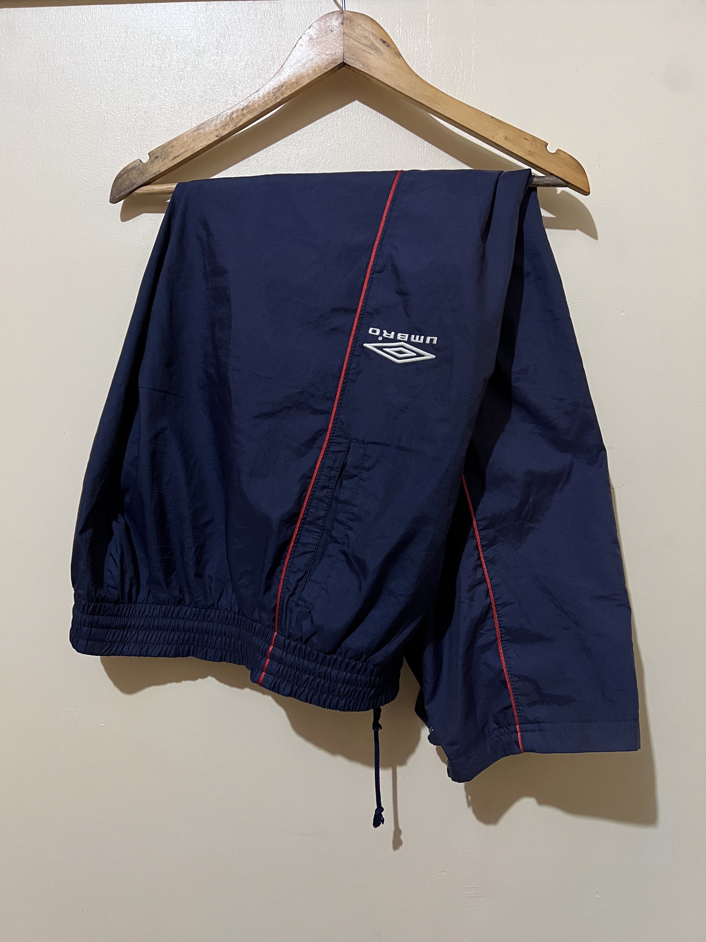Umbro Navy Track Pants (Category: Joggers) located in Baguio. Submitted by jsanteli1738 (Listing ID 1420147356, Image 1). Description: - Vintage Navy blue Umbro track pants - Embroid Logo Design - Elastic waistband with drawstring - Zippered ankles - Umbro logo on left leg - Baggy pants needs wash only Width 30 up free size with drawstrings, Length 43, Thigh 12, Hem:9.