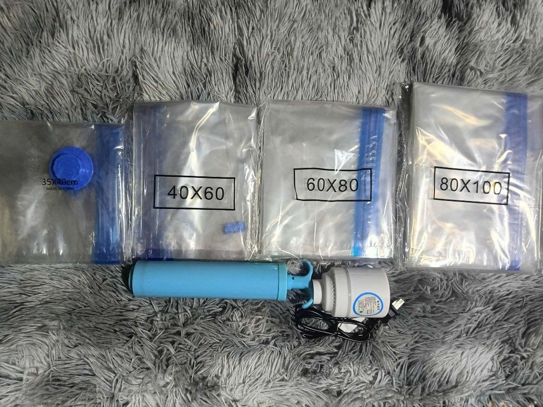 vacuum bags storage (Category: Storage Boxes & Baskets) located in Manila. Submitted by asstditems (Listing ID 1420002975, Image 1). Description: Vacuum Storage Bag, No Air Leakage Vacuum Compressed Storage Bag, Lasting Sealing for Business Trip Home Use Travel Blanket Clothes(Storage Compression Bag) 35*40 =60 40*60 =80 60*80 =100 80*100 =150 Pump =90 electric 250 Same day delivery via Lalamove Location: Manila Mop: Cod/Gcash payment.