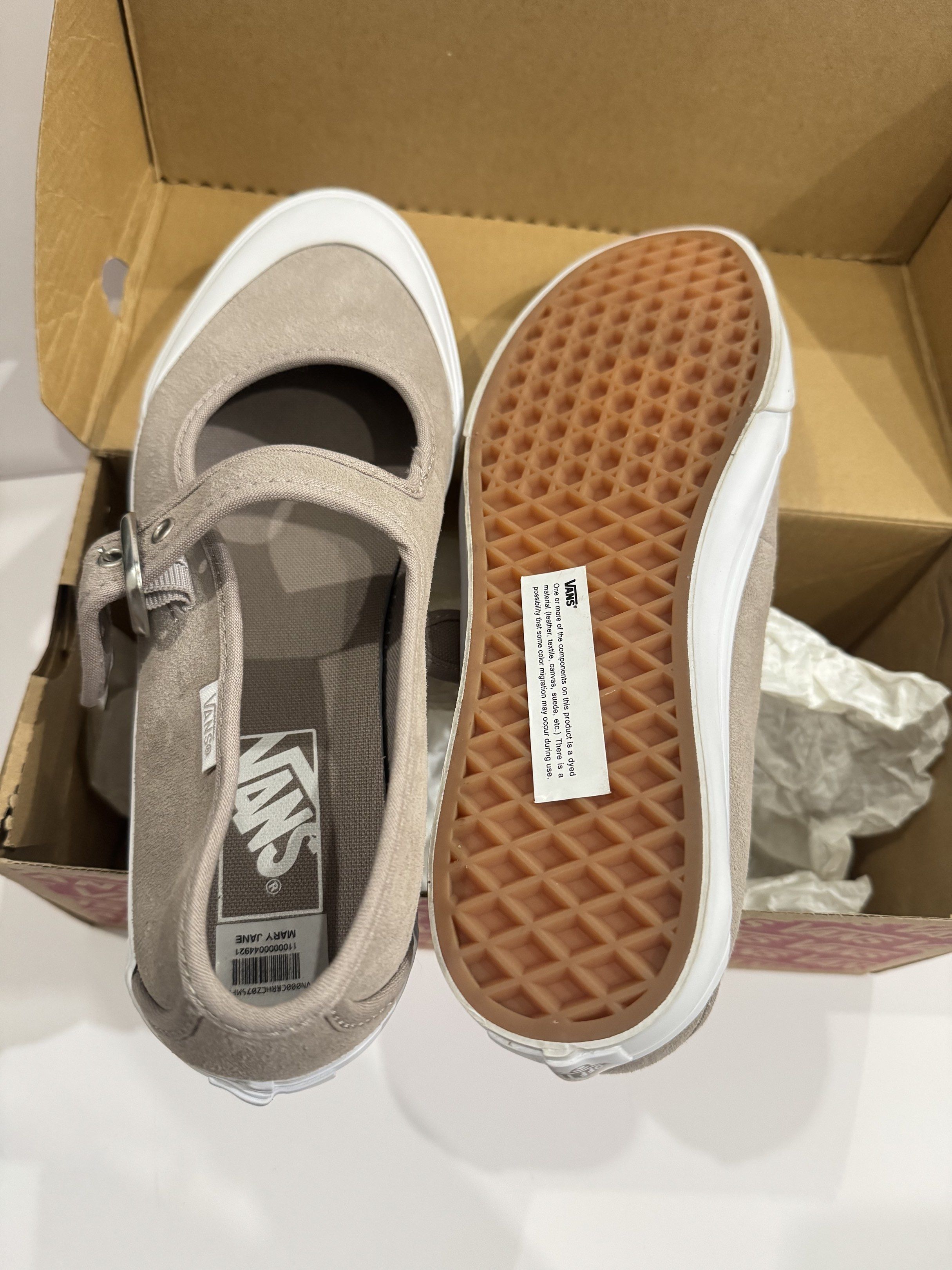 Vans Mary Jane Shoes (Category: Sneakers) located in San Pedro. Submitted by plusizzforless.ph (Listing ID 1420141068, Image 3). Description: - Vans Mary Jane shoes BRAND NEW - Neutral beige color - White toe cap - Buckle strap closure - Size: US 9.5, UK 7, EUR 40, 25.5 cm - Includes original box - Vans logo on insole.