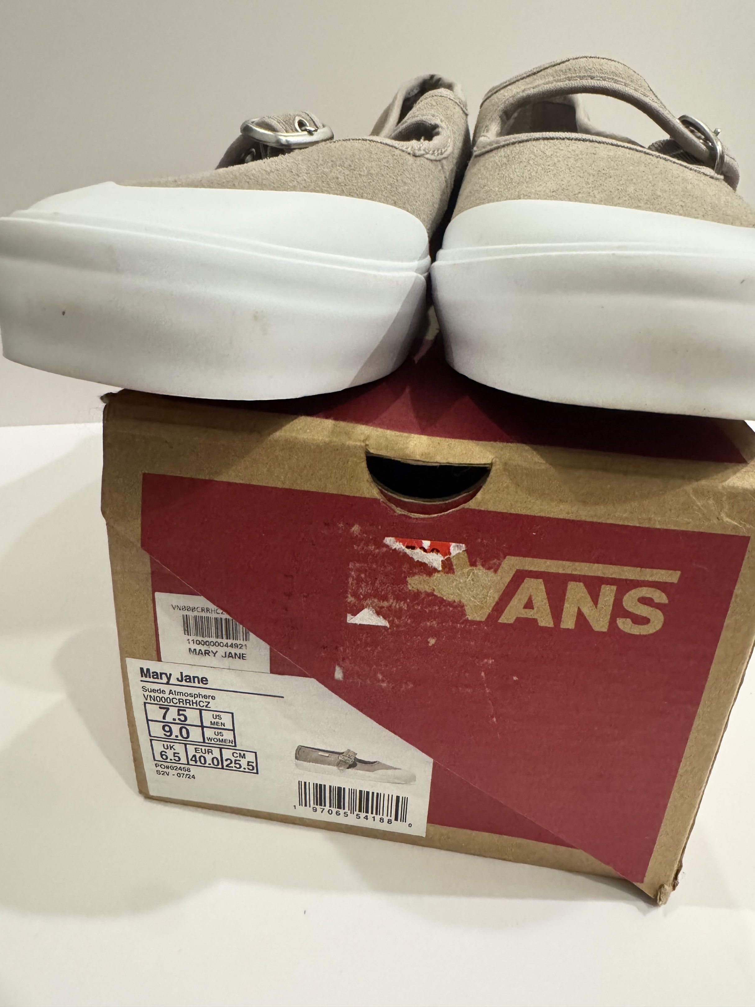 Vans Mary Jane Shoes (Category: Sneakers) located in San Pedro. Submitted by plusizzforless.ph (Listing ID 1420141068, Image 2). Description: - Vans Mary Jane shoes BRAND NEW - Neutral beige color - White toe cap - Buckle strap closure - Size: US 9.5, UK 7, EUR 40, 25.5 cm - Includes original box - Vans logo on insole.
