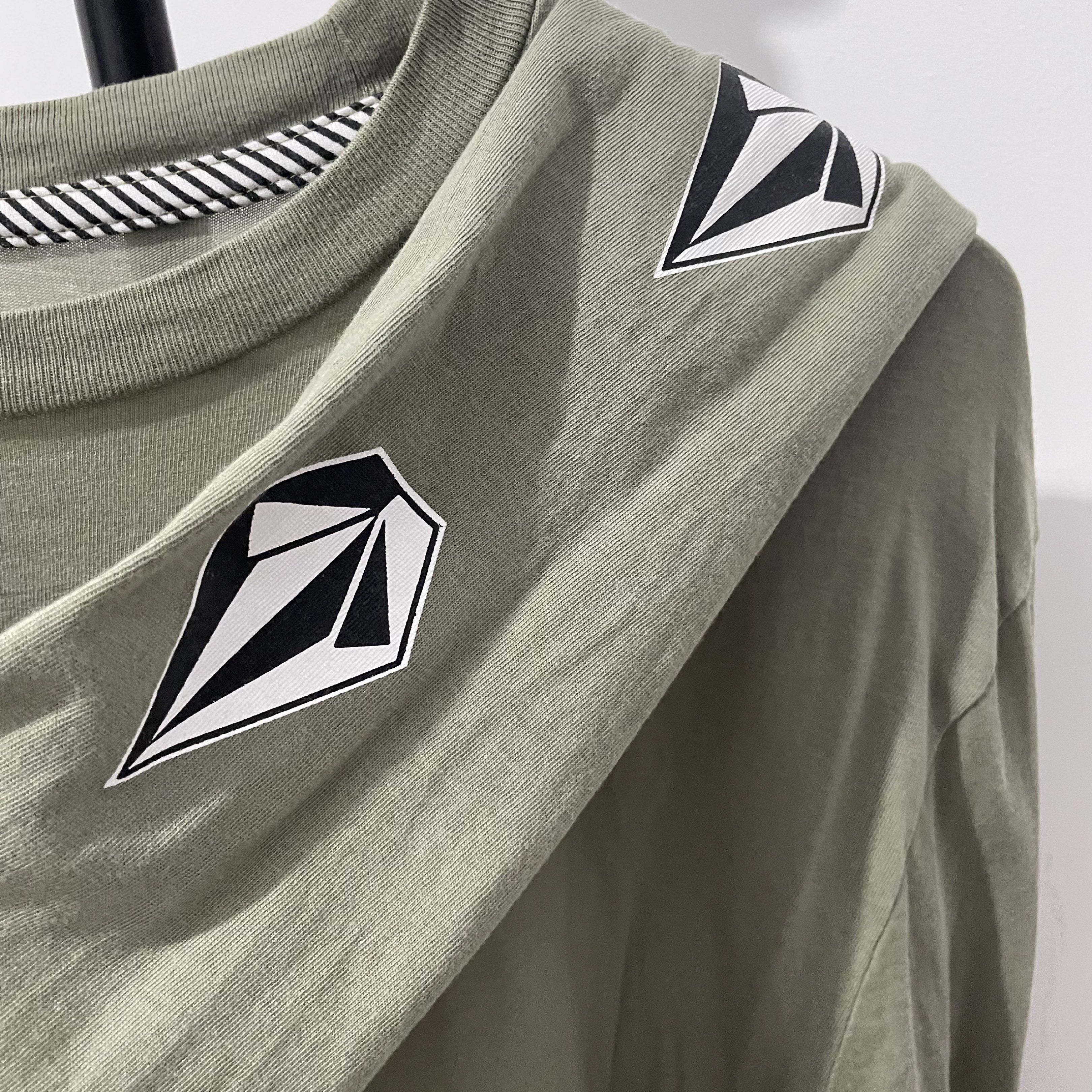 Volcom Organic Cotton Long Sleeve Shirt (Category: Sleeveless) located in Manila. Submitted by reloom (Listing ID 1420120259, Image 2). Description: - Volcom long-sleeved shirt - Made with organic cotton - Size: M - Color: Muted green - Features Volcom logo on sleeve - Crew neck with striped detail.