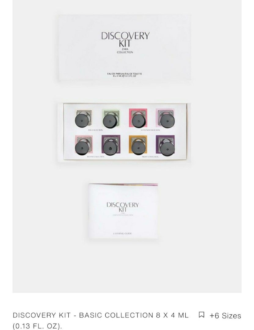 Zara Discovery Kit - Basic Collection (Category: Fragrance & Deodorants) located in Tagum. Submitted by minimelstuff (Listing ID 1420092398, Image 2). Description: - Basic Collection Discovery Kit - Includes 8 x 4ml perfumes - Fragrances: Wonder Rose, Applejuice, Pink Flambe, Twilight Mauve, Orchid, Gardena, Vibrant Caramel, Violet Blossom - Comes with a box and information card.