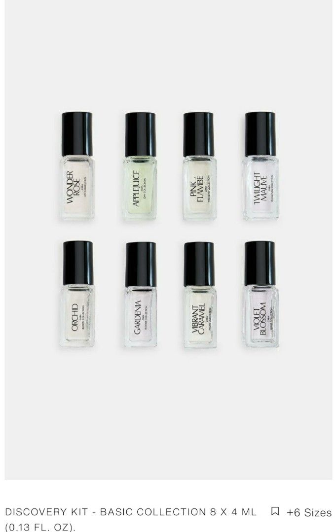 Zara Discovery Kit - Basic Collection (Category: Fragrance & Deodorants) located in Tagum. Submitted by minimelstuff (Listing ID 1420092398, Image 1). Description: - Basic Collection Discovery Kit - Includes 8 x 4ml perfumes - Fragrances: Wonder Rose, Applejuice, Pink Flambe, Twilight Mauve, Orchid, Gardena, Vibrant Caramel, Violet Blossom - Comes with a box and information card.