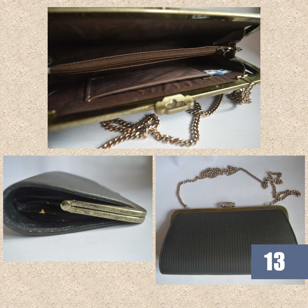 13 - Vintage Black Handbag with Chain (Category: Clutches) located in Quezon City. Submitted by rizshamelo (Listing ID 1420222329, Image 2). Description: Black Chain handle Snap closure 2 compartments separated by a zippered compartment, open inside pocket RFS: My grandmother is decluttering her collection of bags..