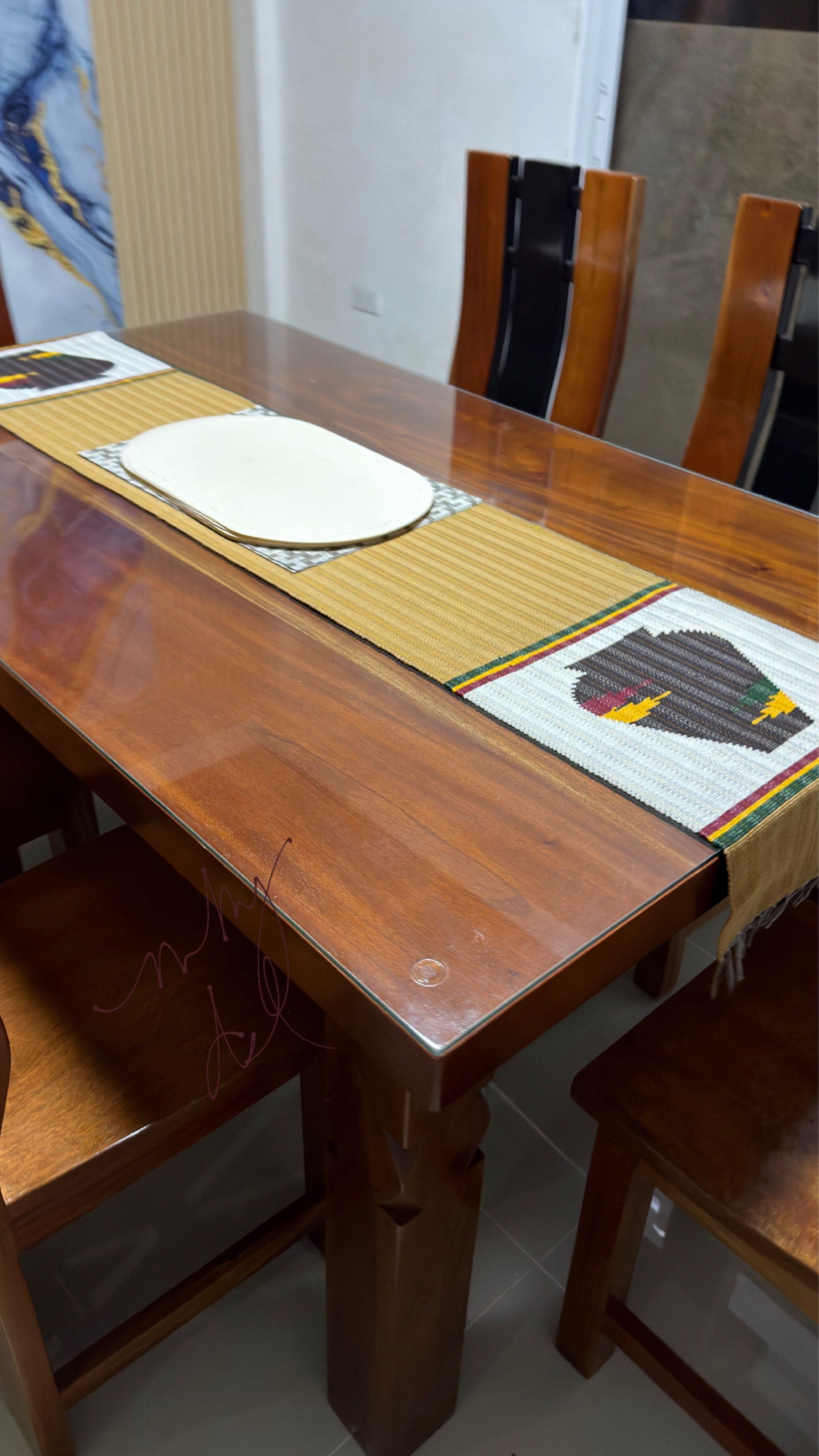 6 seater Mahogany Dining Table with top glass (Category: Tables & Sets) located in Tagaytay City. Submitted by mdcollection_ (Listing ID 1420332053, Image 2). Description: Custom made 6 seater solid mahogany wooden dining set with top glass • Made of Solid Mahogany • Wood is in pristine condition - barely used • Very heavy - Rectangular table with a glossy finish - Chairs with unique curved back design (some with black accents) - Perfect for fami
