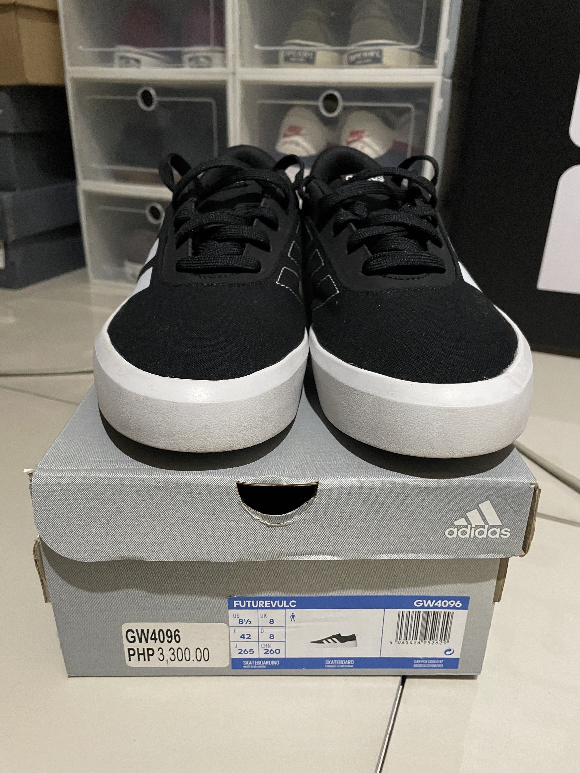 Adidas FuturevulC Skateboarding Shoes (Category: Sneakers) located in Quezon City. Submitted by tonechaser (Listing ID 1420292167, Image 2). Description: - Adidas FuturevulC skateboarding shoes - Color: Black canvas upper with white stripes, white sole - Size: US 8.5 to 9 - Original Price: PHP 3,300 - Made in Myanmar - No issue.