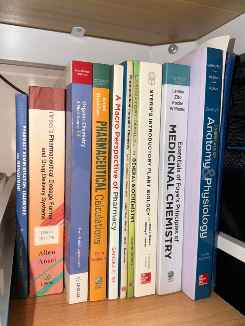 Assorted 1st Year BS Pharmacy Books (Read Description) (Category: Textbooks) located in Muntinlupa City. Submitted by korekoreppi (Listing ID 1420320385, Image 1). Description: Assorted 1st Year BS Pharmacy Books - selling for 550 pesos each - get all for 3500 - some with highlighted parts (few lang if ever) - most are clean - honestly never even read most of these - signs of storage keeping (stains on the sides, but overall still in good conditi
