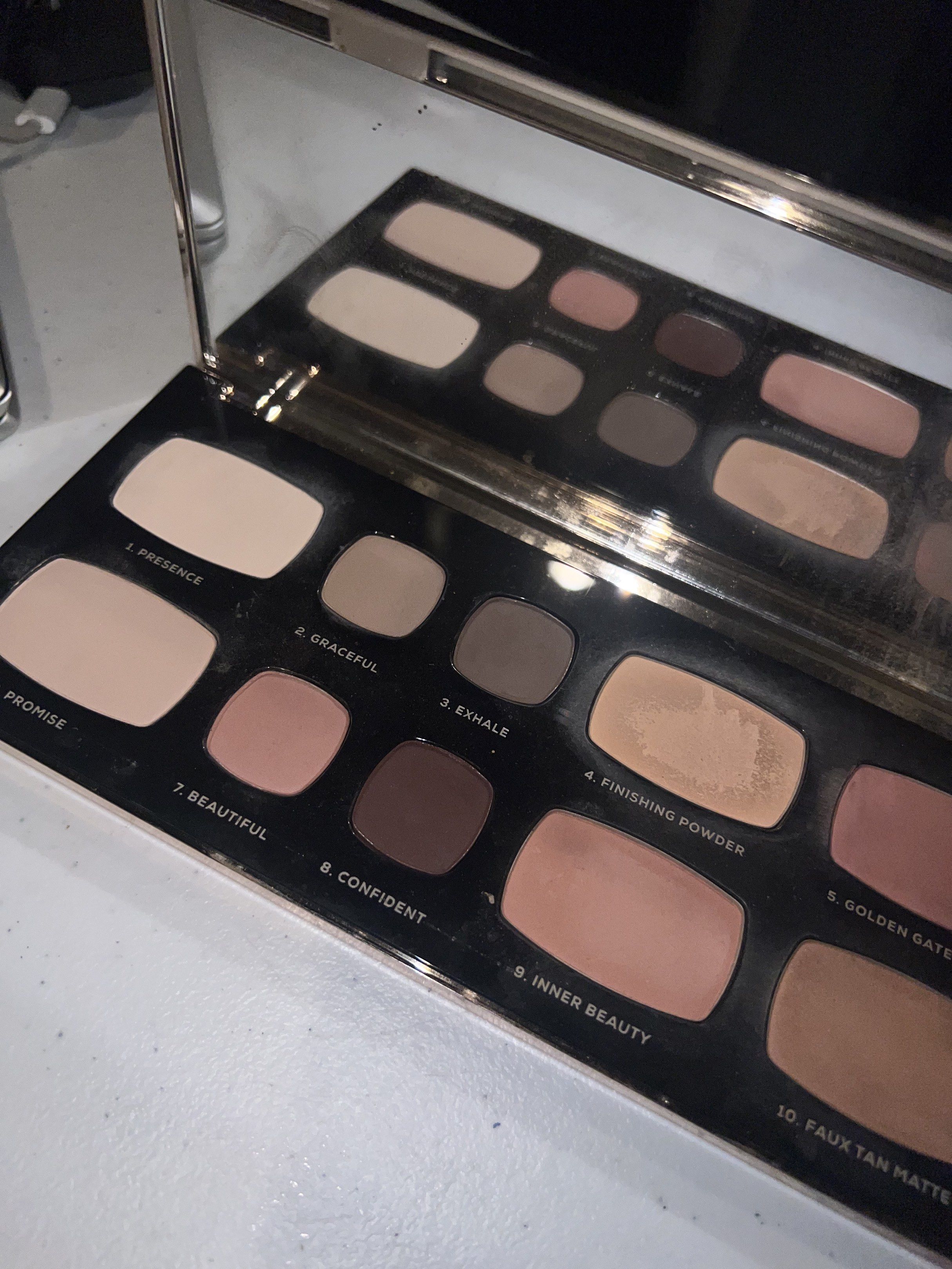 bareMinerals Be Beautiful Eyeshadow Palette (Category: Makeup) located in Manila. Submitted by bellywelly13 (Listing ID 1420341980, Image 1). Description: - bareMinerals Be Beautiful eyeshadow palette - Includes eyeshadow shades: Presence, Graceful, Exhale, Finishing Powder, Golden Gate Matte, Beautiful, Confident, Inner Beauty, and Faux Tan Matte - Features a built-in mirror - Product is in its original packaging.