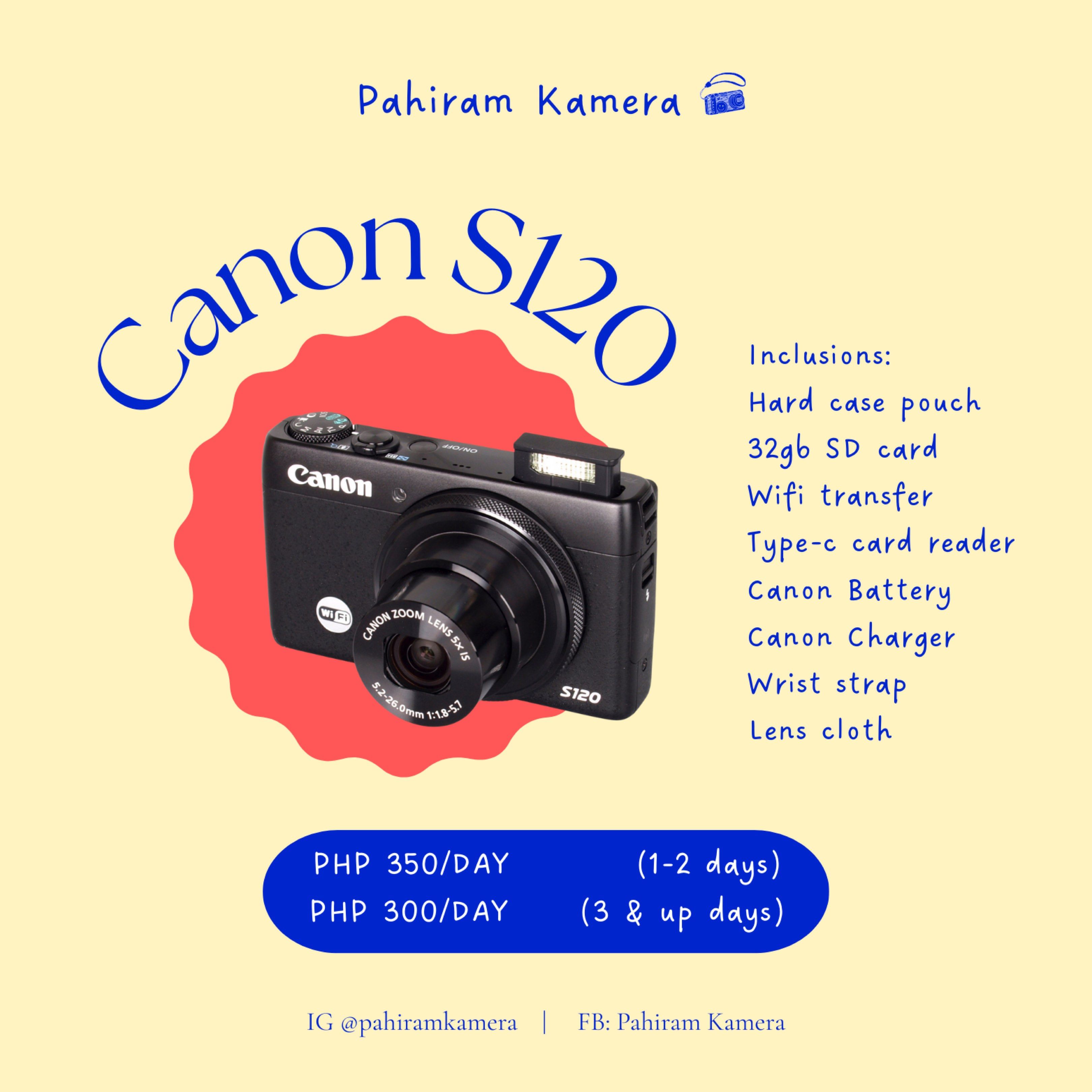 Canon S120 Digital Camera Rental (Category: Cameras) located in Calamba. Submitted by mint.breakfast (Listing ID 1420258992, Image 1). Description: No camera? No problem! [◉"] Welcome to Pahiram Kamera Club! 💙 We’re your go-to spot for camera rentals made easy, perfect for events, trips, parties, and everyday memories. Whether you’re a beginner or an enthusiast, we’ve got gear that fits your needs. ⭑.ᐟ 📩 Rent with ease with the lowest price in 