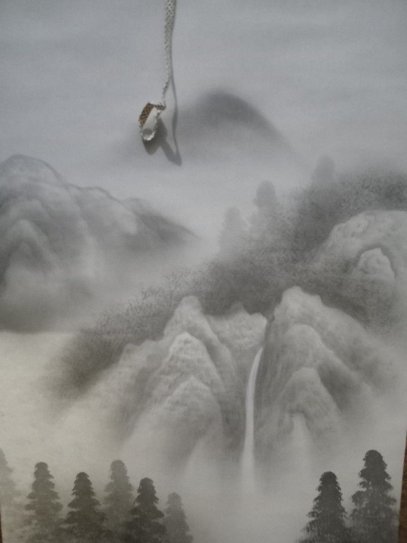 Chinese Landscape Painting Wall Scroll (Category: Wall Decor) located in Taguig. Submitted by nippon.toki (Listing ID 1420347296, Image 3). Description: - Chinese landscape painting - Wall scroll format - Monochrome style - Features mountains, trees, and a waterfall - Traditional artwork - Decorative border - Includes hanging cord - Perfect for adding Asian-inspired decor.