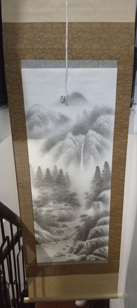 Chinese Landscape Painting Wall Scroll (Category: Wall Decor) located in Taguig. Submitted by nippon.toki (Listing ID 1420347296, Image 1). Description: - Chinese landscape painting - Wall scroll format - Monochrome style - Features mountains, trees, and a waterfall - Traditional artwork - Decorative border - Includes hanging cord - Perfect for adding Asian-inspired decor.