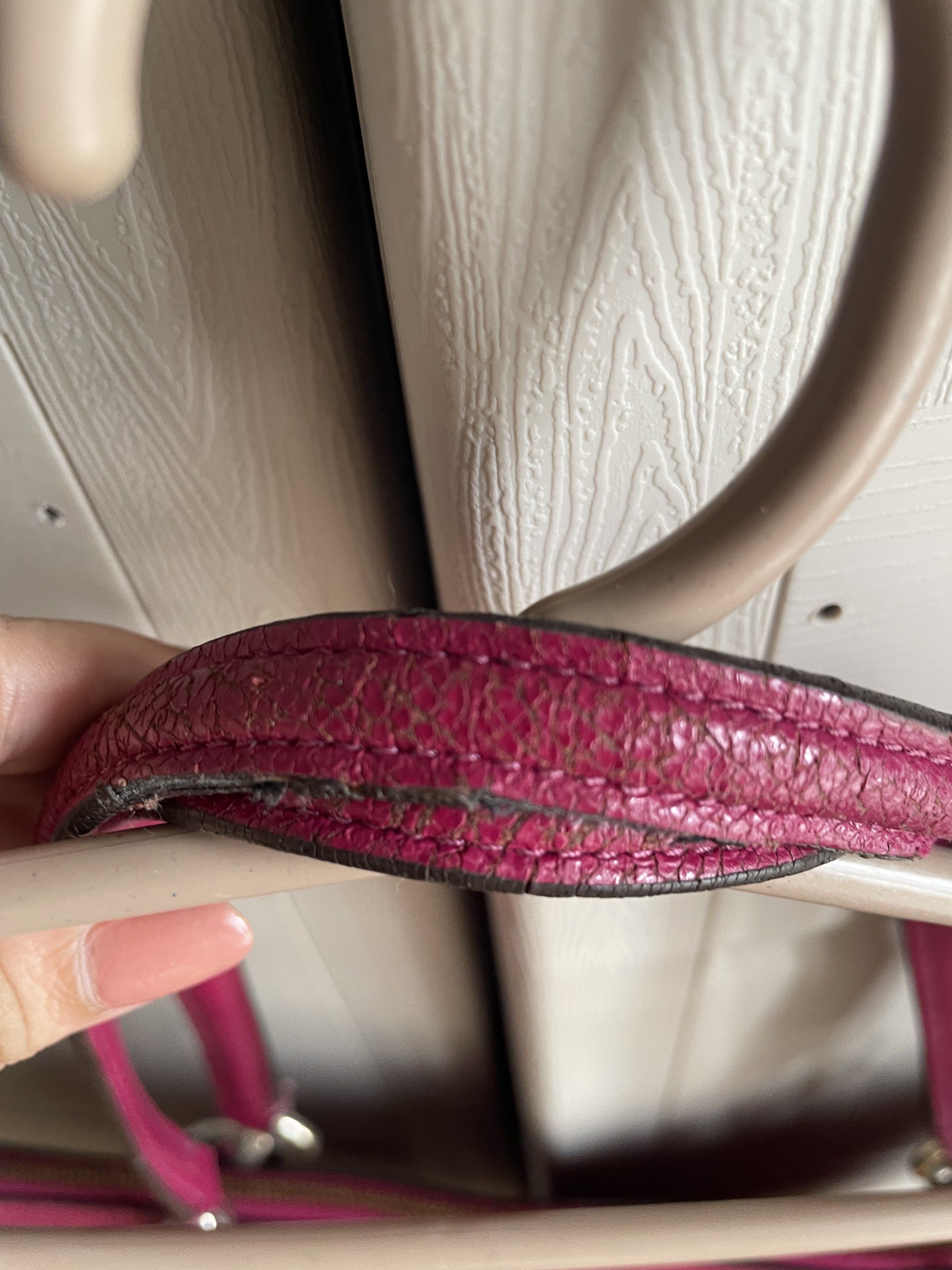 Coach Ava Leather Tote Bag (Category: Luxury Bags & Wallets) located in Caloocan City. Submitted by claudia10019667 (Listing ID 1420195144, Image 3). Description: - Authentic Coach tote bag - Vibrant pink/magenta color - Size: 16 3/4 (L) x 9 3/4 (H) x 5 (W) (kasya 13 inch laptop) - Zip closure - Silver-tone hardware - Includes Coach hang tag - Double handles - Spacious interior - Features Coach label inside - Minor wear on handles and body.