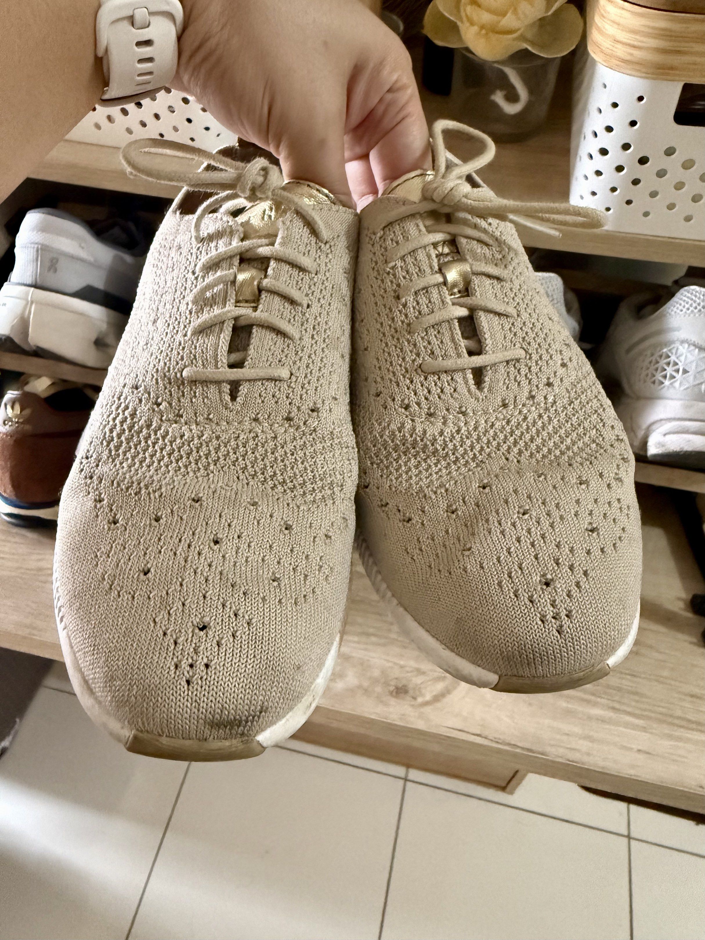 Cole Haan Zerogrand Knit Sneakers (Category: Sneakers) located in Mandaluyong City. Submitted by ccamillexx (Listing ID 1420201181, Image 3). Description: - Cole Haan Grand OS knit sneakers - Size: 8B for women - Beige knit upper - Gold accents on heel and eyelets - White soles with brand name - Laced - Ideal for casual wear - No damage at all, just signs of use and needs a little cleaning - No box anymore RFS: Not using it anymore Slightly negot