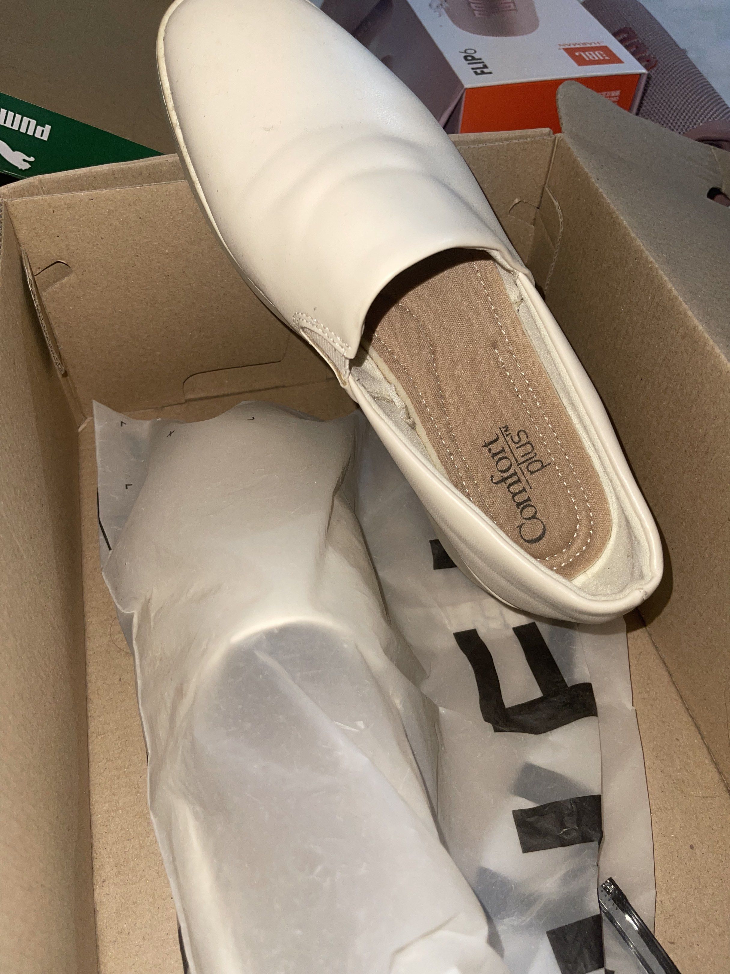 Comfort Plus Slip-on Shoes - Size 37 (Category: Heels) located in Quezon City. Submitted by ssellingpreloveditems (Listing ID 1420349306, Image 3). Description: Comfort Plus slip-on shoes in cream color. The shoes have a rounded toe and elastic side panels for easy wear. The size is EUR 37, USA 6.5, and UK 4.5. The shoes come with their original box. RFS: too big for me. Back to shoes that fits with shoe laces. .