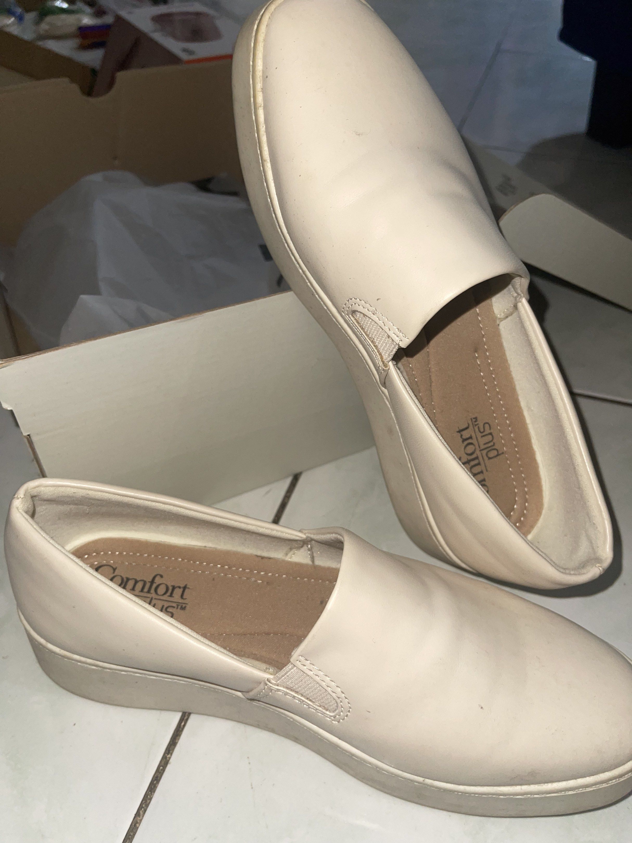 Comfort Plus Slip-on Shoes - Size 37 (Category: Heels) located in Quezon City. Submitted by ssellingpreloveditems (Listing ID 1420349306, Image 1). Description: Comfort Plus slip-on shoes in cream color. The shoes have a rounded toe and elastic side panels for easy wear. The size is EUR 37, USA 6.5, and UK 4.5. The shoes come with their original box. RFS: too big for me. Back to shoes that fits with shoe laces. .