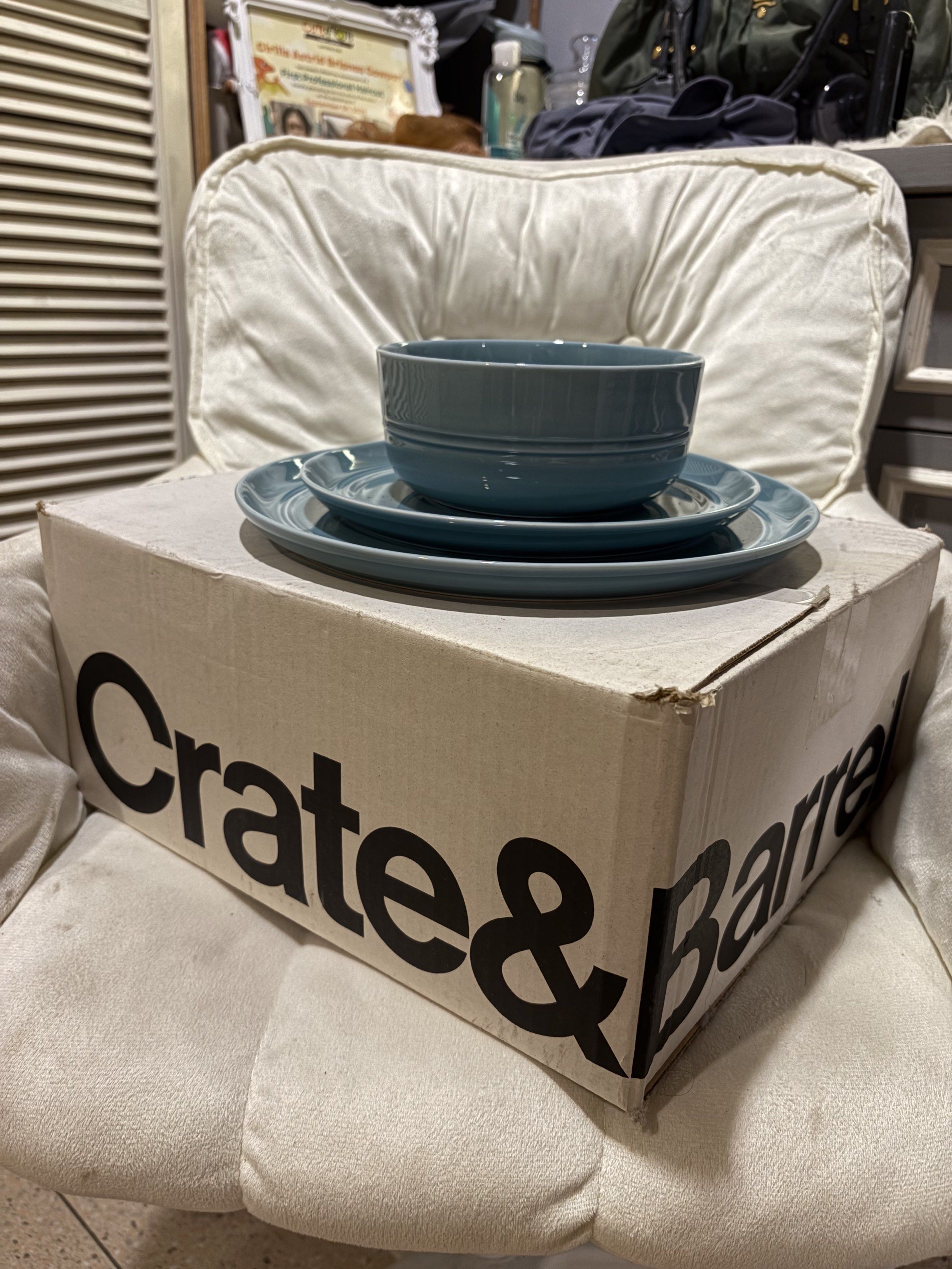 Crate & Barrel Dinnerware Set (Category: Dinnerware & Cutlery) located in Makati City. Submitted by clarrizeb. (Listing ID 1420192719, Image 1). Description: - Crate & Barrel dinnerware set - Includes 1 bowl and 2 plates - Color: Light blue - Design: Simple and elegant with subtle ridges - Condition: Brand new, in original box.