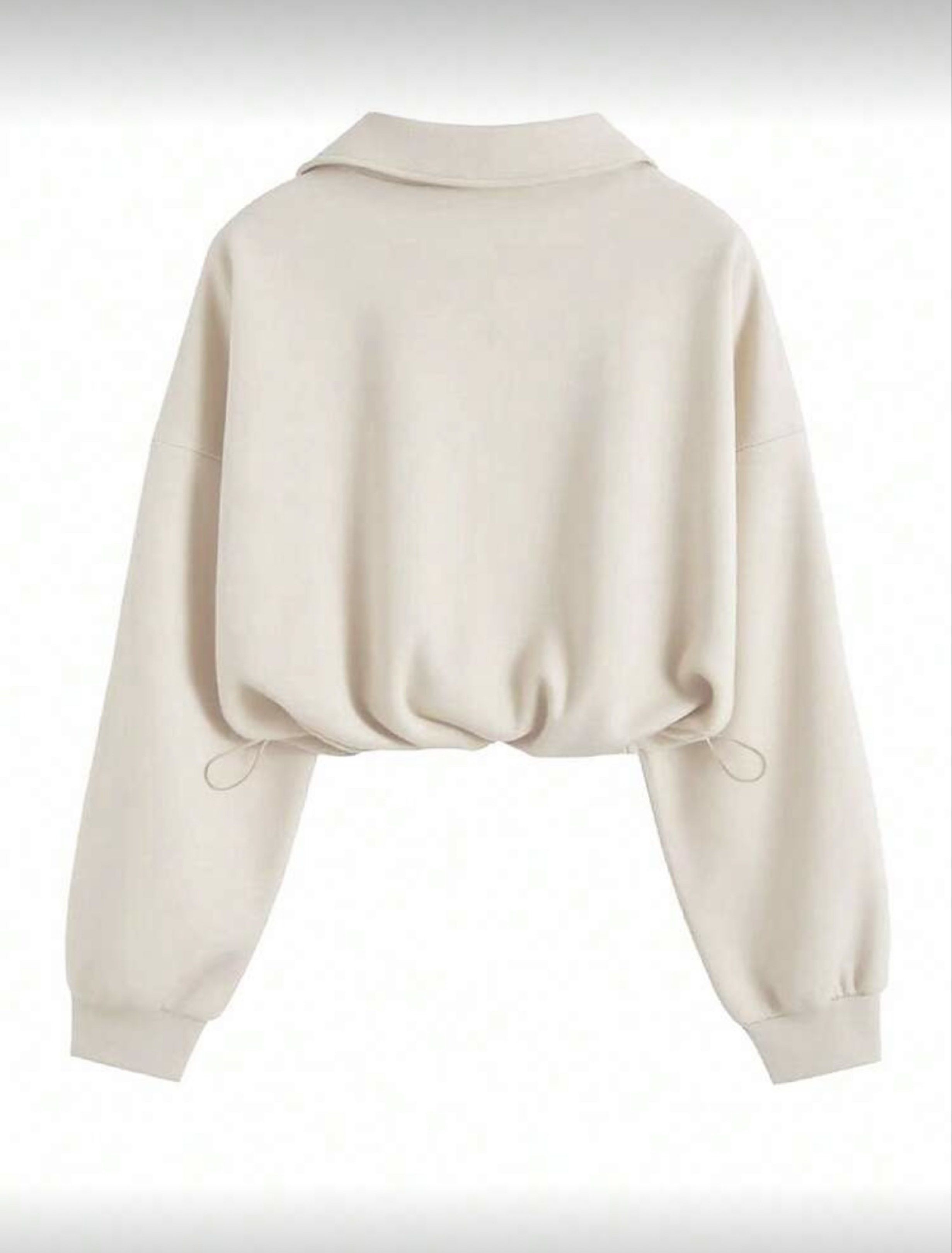 Cream Half Zipper Sweatshirt Jacket Long Sleeves (Category: Coats, Jackets and Outerwear) located in Caloocan City. Submitted by katyanne (Listing ID 1420154423, Image 2). Description: - WORN ONCE ONLY 🩷 - Perfect for Tagaytay or Baguio outfit - Really cute in person 😊 - Half zipper closure, collared neckline - Adjustable drawstring hem and elastic cuffs - Relaxed oversized fit - No damages, already washed - Price slightly negotiable :).
