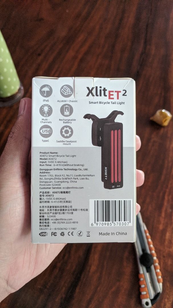 Enfitnix XlitET 2 Smart Sensor Bicycle Tail Light (Category: Bicycles) located in Manila. Submitted by rvnebon_ (Listing ID 1420327265, Image 2). Description: 📍 Limay, Bataan • 1 week old • Bought this as a backup rear light • There are already scratches on the body as it was stored on mtb frame storage (so the item was together with other edc tools) • With box and accessories • RFS: No longer need this.