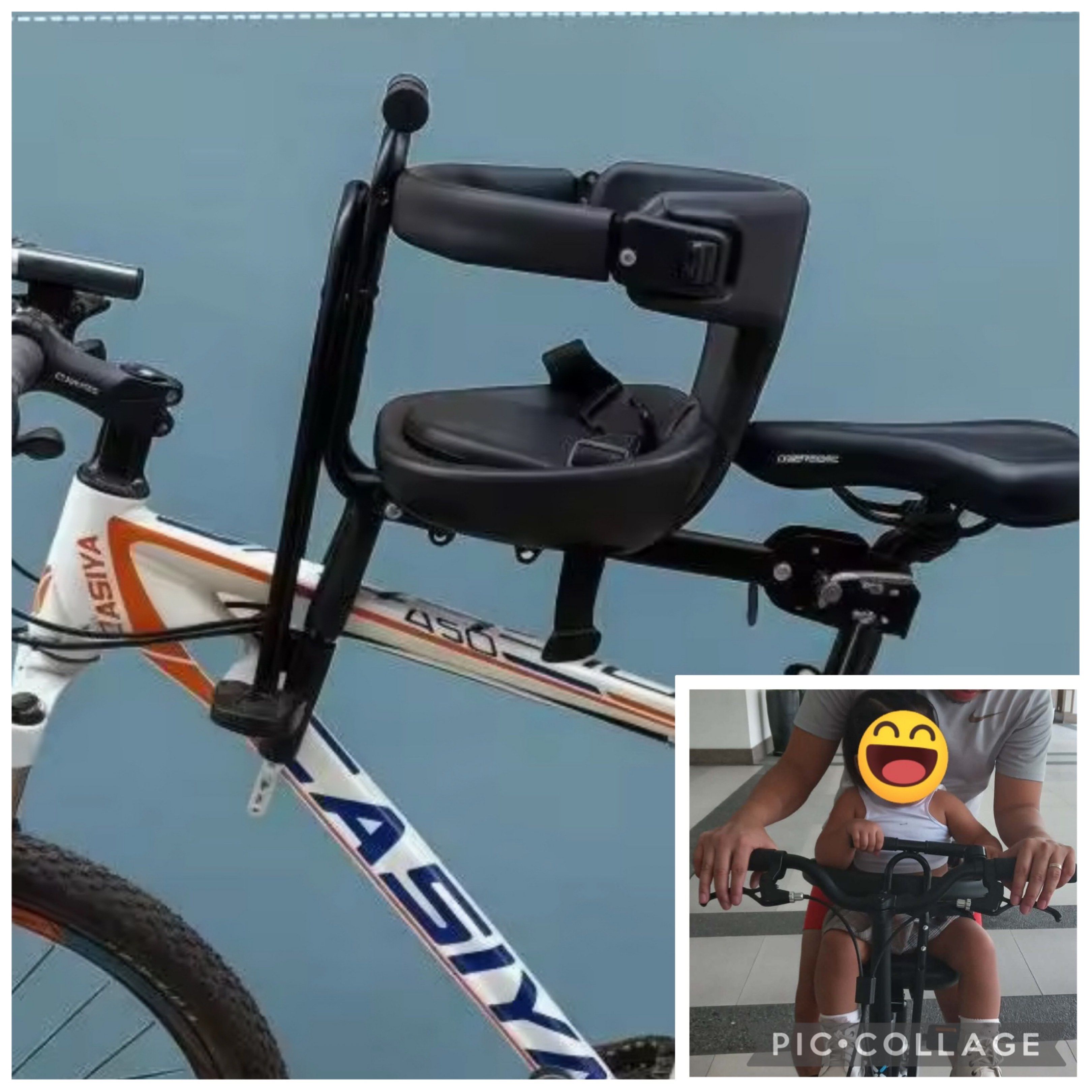 Front-Mounted Child Bike Seat (Category: Bicycles) located in Manila. Submitted by lars13 (Listing ID 1420165133, Image 1). Description: - Front-mounted child bike seat - Secure harness for safety - Supportive and comfortable seat - Easy to install and remove - Mounts on bike frame, child in front - Ideal for parents who bike with their kids Just assembled once but doesn’t fit our folding bike :(.