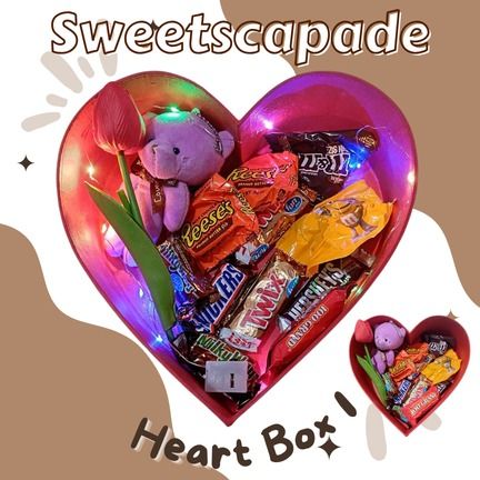 Heart Box Valentines gift (Category: Gift Baskets & Hampers) located in Taguig. Submitted by declutterbydebbie (Listing ID 1420212143, Image 3). Description: 10 pcs chocolates Tulip Mini Bear Fairy Lights Heart Box Ribbon.
