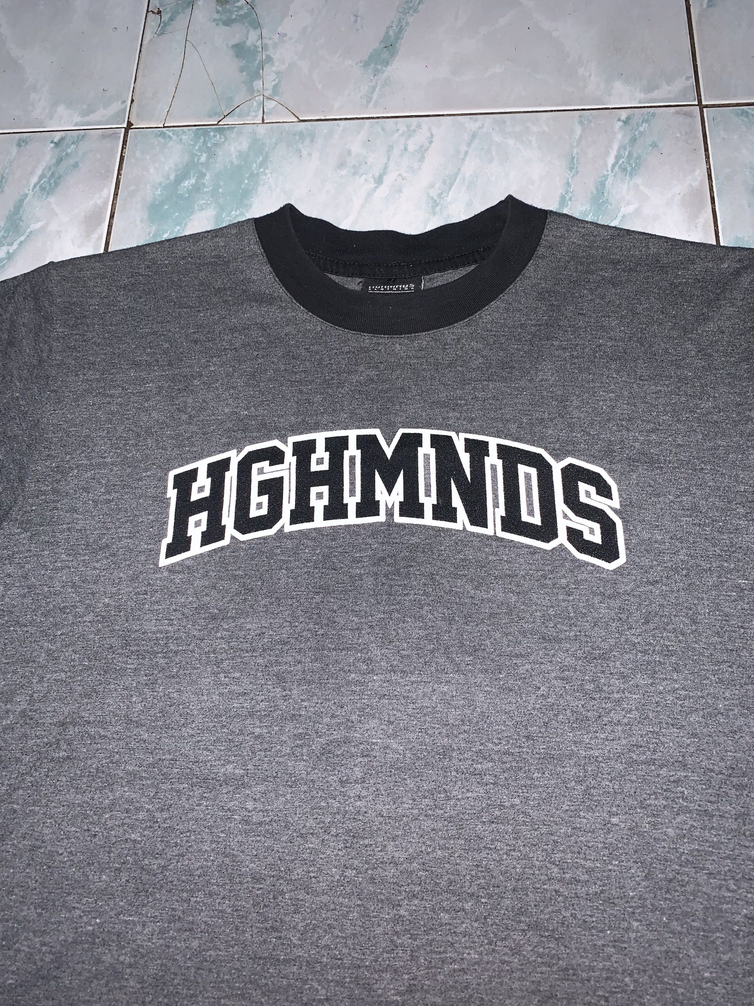 Highminds printed tee (Category: Tshirts & Polo Shirts ) located in Pasig City. Submitted by thriftnflip1600 (Listing ID 1420193867, Image 2). Description: M on tag Width: 19.5” Length: 26” Color rate: 9+/10 Condition: 9/10 Issue: lose stitch on hem (check last pic).