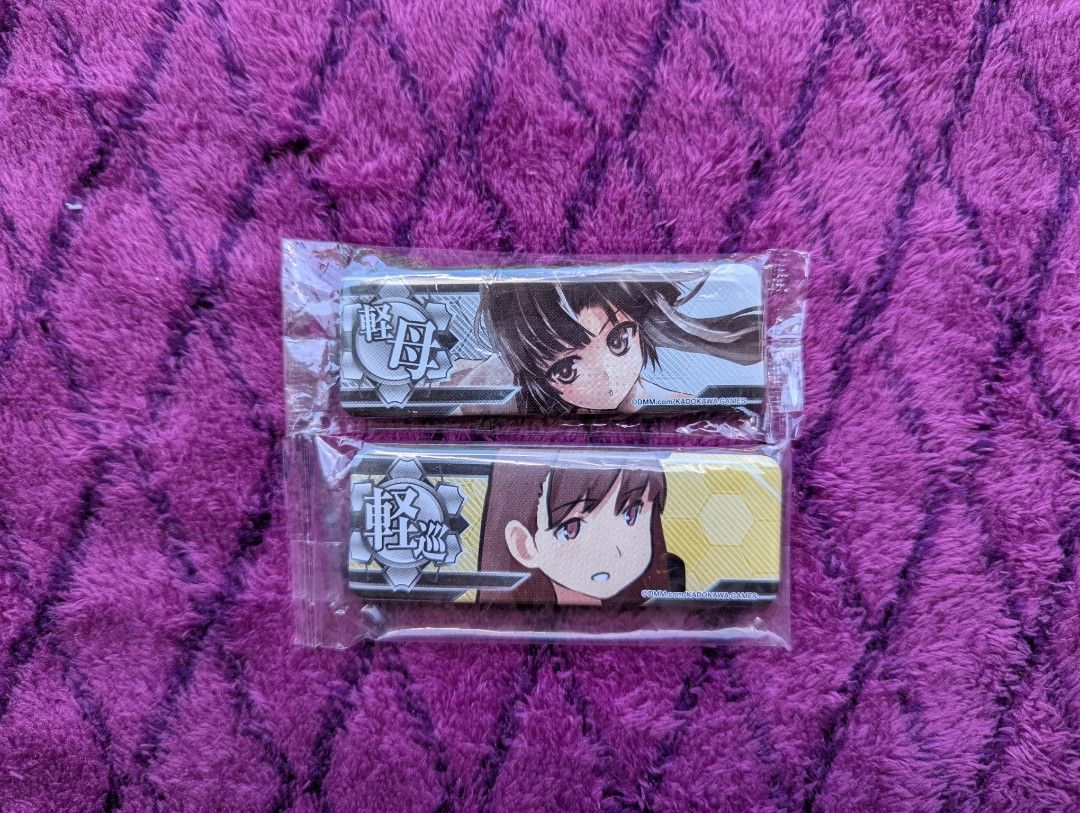Kantai Collection KanColle Pins (2pcs) (Category: Character Goods) located in Tandag. Submitted by mooncrate (Listing ID 1420256073, Image 1). Description: - Sealed in original packaging - Features two different anime characters - Background colors: white, yellow, and black - Rectangular shape.