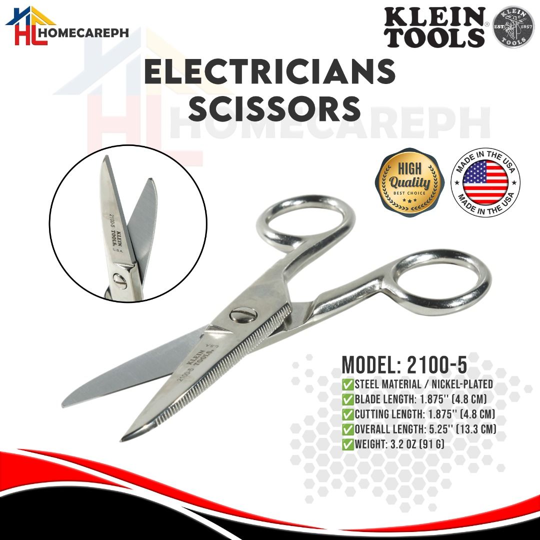 Klein Tools Electricians Scissors 2100-5 (Category: Construction Tools & Equipment) located in Manila. Submitted by homecareph (Listing ID 1301549499, Image 1). Description: 02-07-2026 ✅For Sale !!! ✅Retail / Wholesale ✅KLEIN TOOLS ELECTRICIANS SCISSORS ✅MODEL: 2100-5 • Steel Material / Nickel Plated • Blade Length: 4.8cm • Cutting Length: 4.8cm • Overall Length: 5.25" (13.3cm) • Weight: 91g ✅100% Original ✅Made in USA ✅Quality Guaranteed ✅Pick u