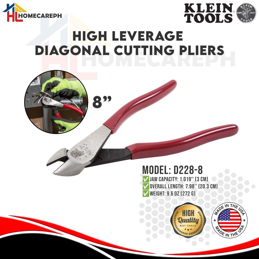 Klein Tools High Leverage Diagonal Cutting Pliers 8" D228-8 (Category: Construction Tools & Equipment) located in Manila. Submitted by homecareph (Listing ID 1302560530, Image 1). Description: 02-07-2026 ✅For Sale !!! ✅Retail / Wholesale ✅KLEIN TOOLS HIGH LEVERAGE DIAGONAL CUTTING PLIERS ✅MODEL: D228-8 • Jaw Capacity: 3cm • Overall Length: 7.98" (20.3cm) • Weight: 272g ✅100% Original ✅Made in USA ✅Quality Guaranteed ✅For pick-up, our office wareh