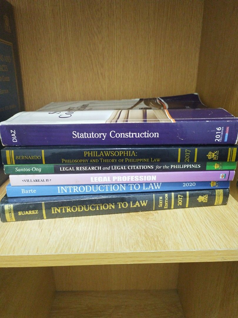 Law Books - Statutory Construction, Philawsophia, etc. (Category: Textbooks) located in Batangas. Submitted by allabout_me (Listing ID 1420281831, Image 1). Description: Collection of law books including Statutory Construction, Philawsophia, Legal Research and Legal Citations for the Philippines, Legal Profession, and Introduction to Law. Various editions and years are available. Perfect for law students or those interested in legal studies..